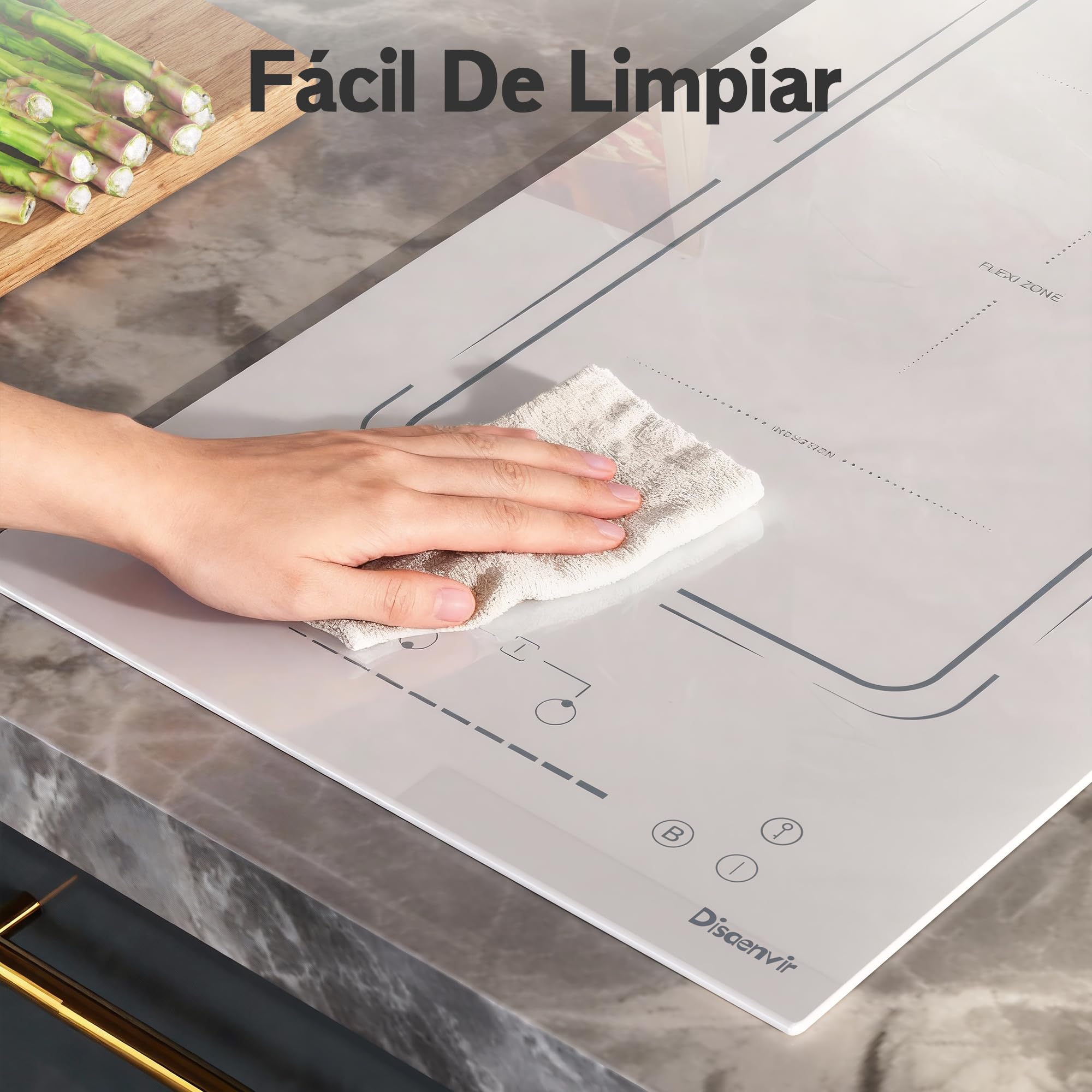 Placa inducción Disaenvir de 2 Fuegos Empotrable, Blanco, 30 cm, 3500 W, enchufe de 220 V, 9 Niveles de Potencia, Función Boost, Temporizador y Protección Antitoque, Flexible
