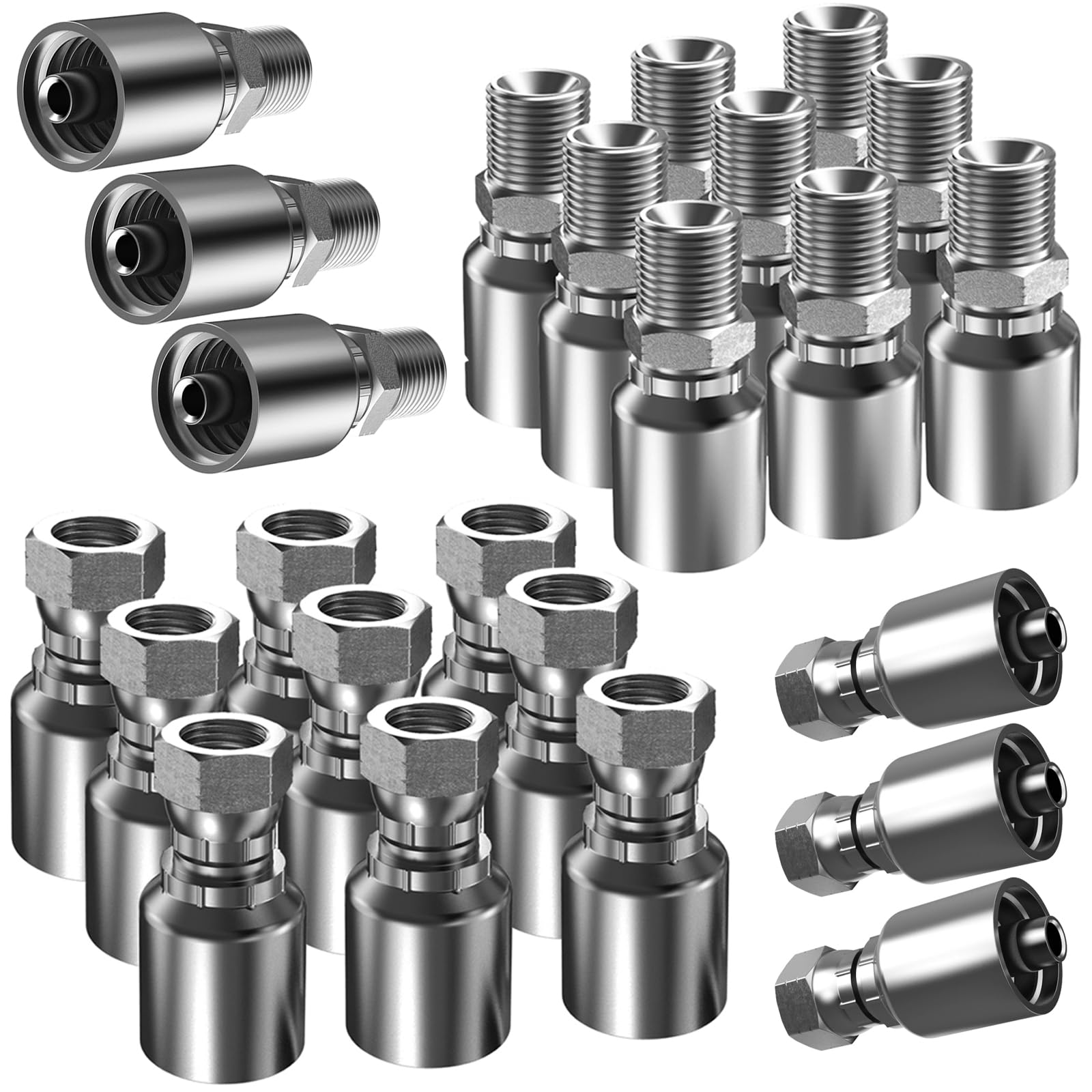 36PCS Hydraulic Hose Fittings 1/4" NPTF Male & JIC 37° Female & Male & Female 90° Elbow, Hydraulic Hose Crimp Fitting Ends for Air Hose Repair Kit - 2