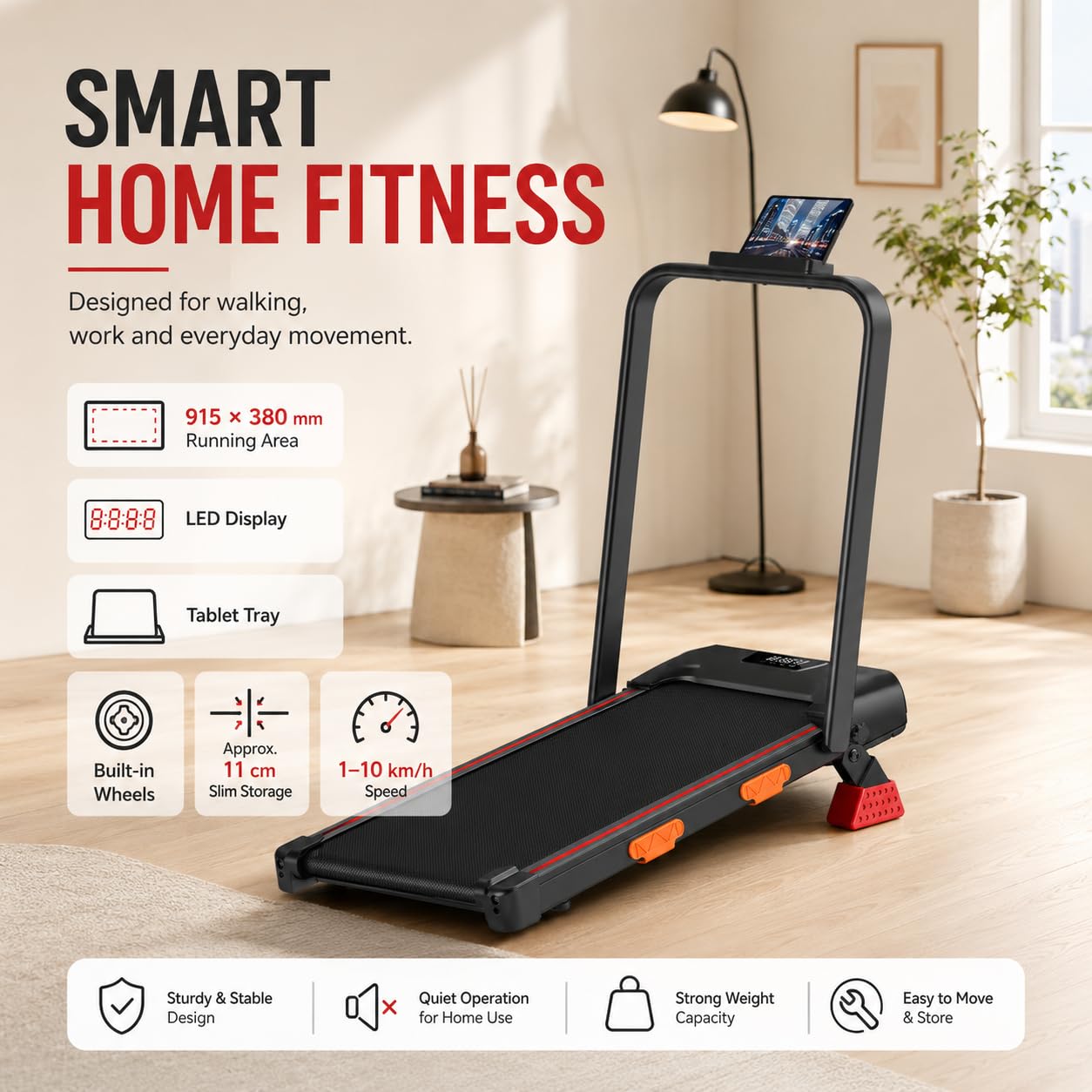 Laufband für Zuhause Klappbar Leise 3.0HP Steigung, Haus & Büro 136KG | Laufband mit Steigung 10%, 6-in-1-Walking Pad Schreibtisch, für Zuhause, LED-Display + Fernbedienung, bis 10 KM/H