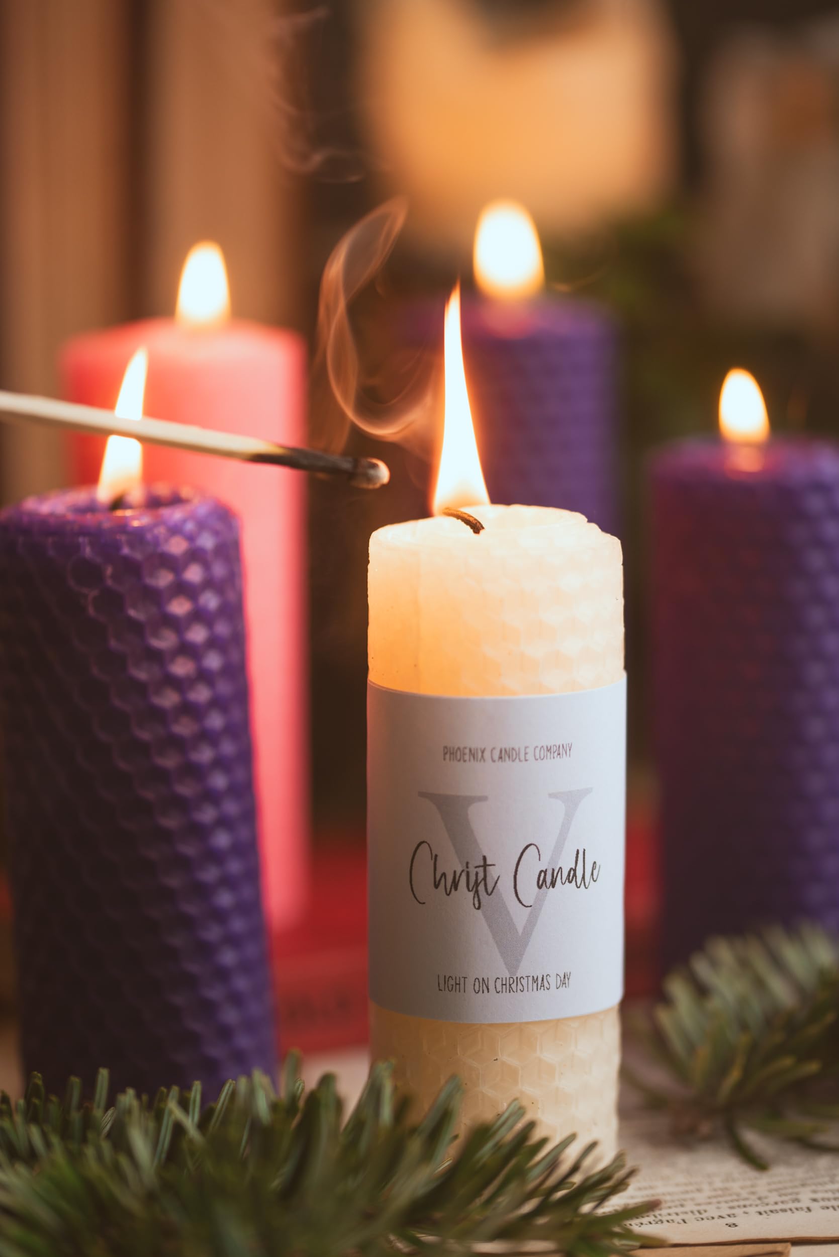 Phoenix Candle Company Set di candele alte in cera d'api con preghiere dell' Avvento – 5 pezzi – arrotolate a mano