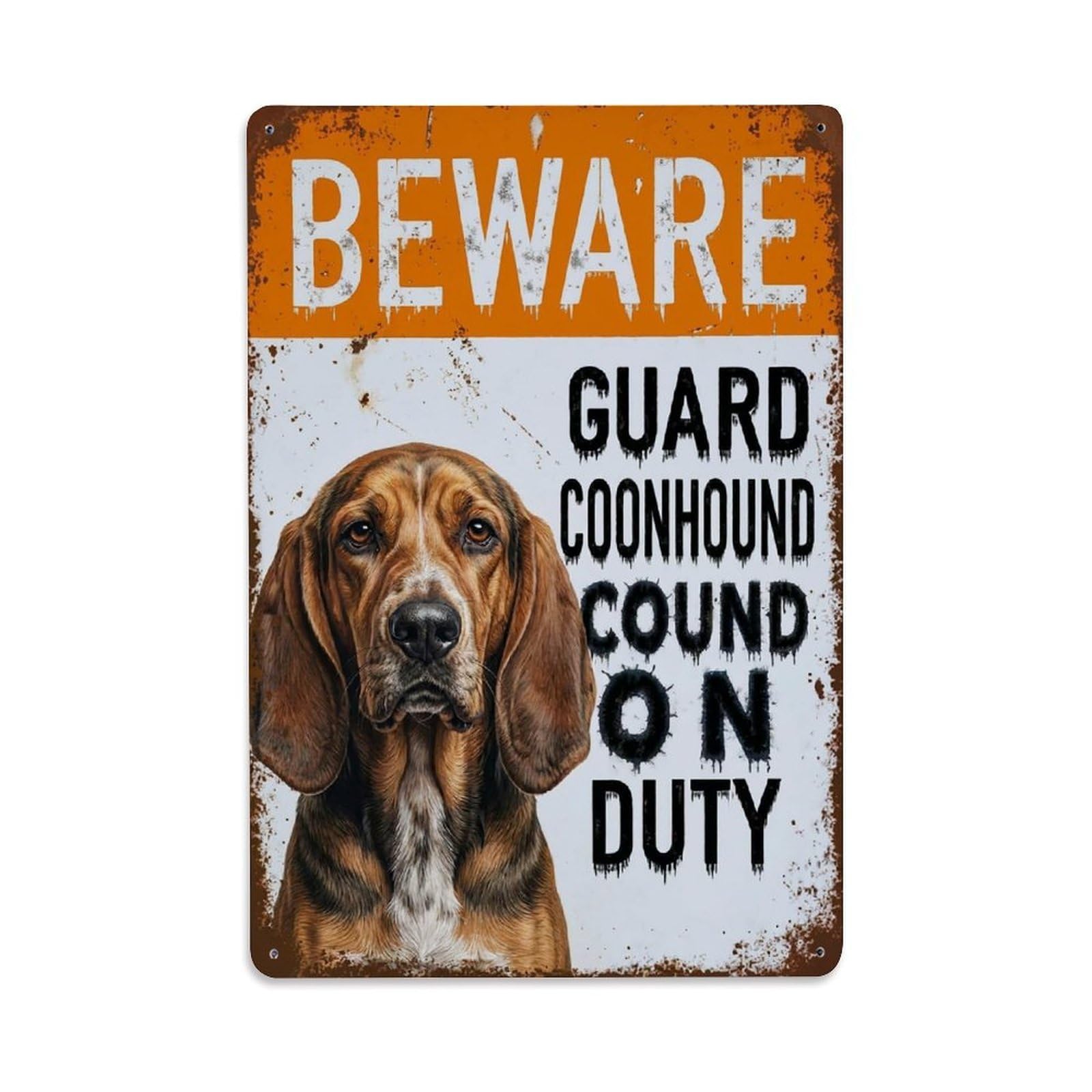 Vintage Funny Coonhound Guard Beware of Dog Spot Metal Tin Sign Plaque Wall Decor for Cafe, Club Bar, Office, Garden Metal Poster 8x12Inch