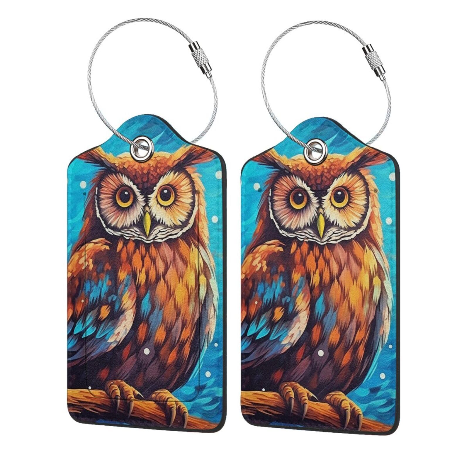 Bvkilrvc 2 Pcs Luggage Tag for Suitcase, Owl at Night Unique Leather Suitcase Tags with Full Privacy Cover Stainless Steel Loop for Women Men Travel