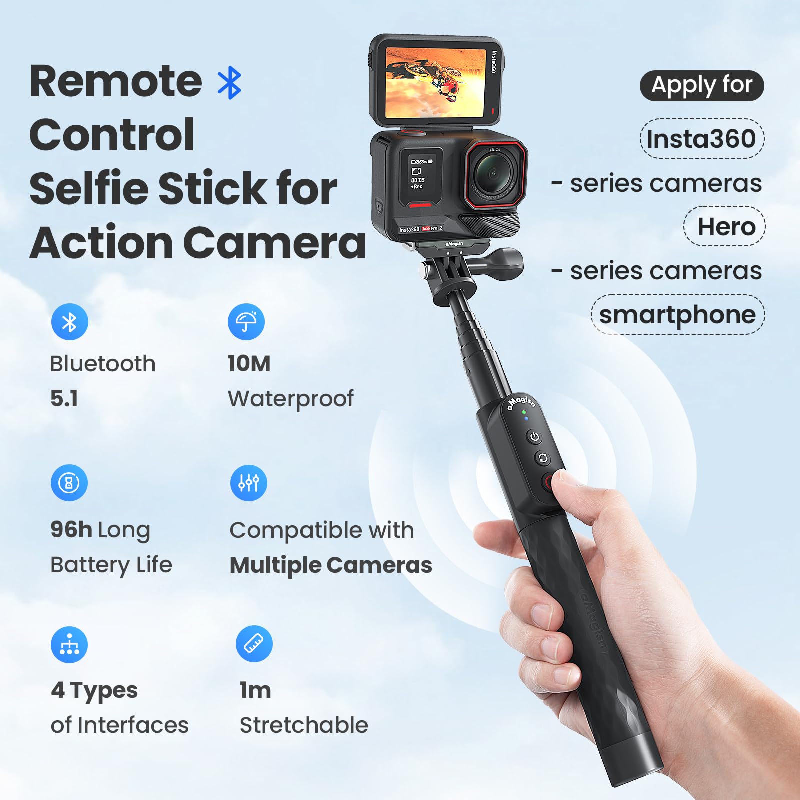 Palo selfie con control remoto de 100 cm, elástico, compatible con cámara de acción Insta360/GoPro y smartphone iOS Android (cabeza de bola de tornillo 1/4)