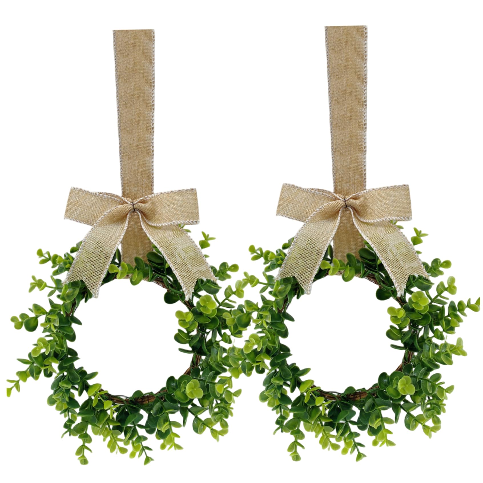 CNAFGBGG 2PCS Boxwood Wreath, 12 inch Greenery Wreath with Bow Burlap Ribbon for Front Door Porch Wall Window Decor.