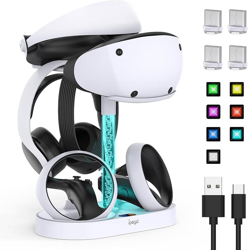 Soporte de carga y estación de almacenamiento FASTSNAIL RGB para PlayStation VR2 - Blanco | Base de carga rápida para controlador PS5 VR2, estación de carga multifuncional para accesorios de auriculares PSVR2, 10 luces RGB de memoria