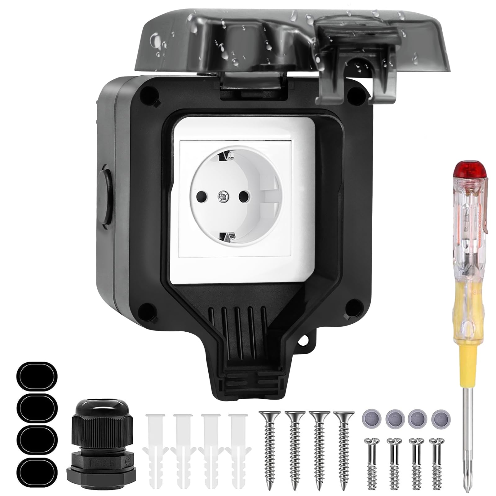 Aussensteckdose Wasserdicht Außensteckdose IP66 Wasserdichte Outdoor Steckdose Feuchtraum Steckdose Aufputz Abschliessbar Aussen Steckdose Klappdeckel für Indoor Outdoor Gärten Schwimmbad Aussenbereic