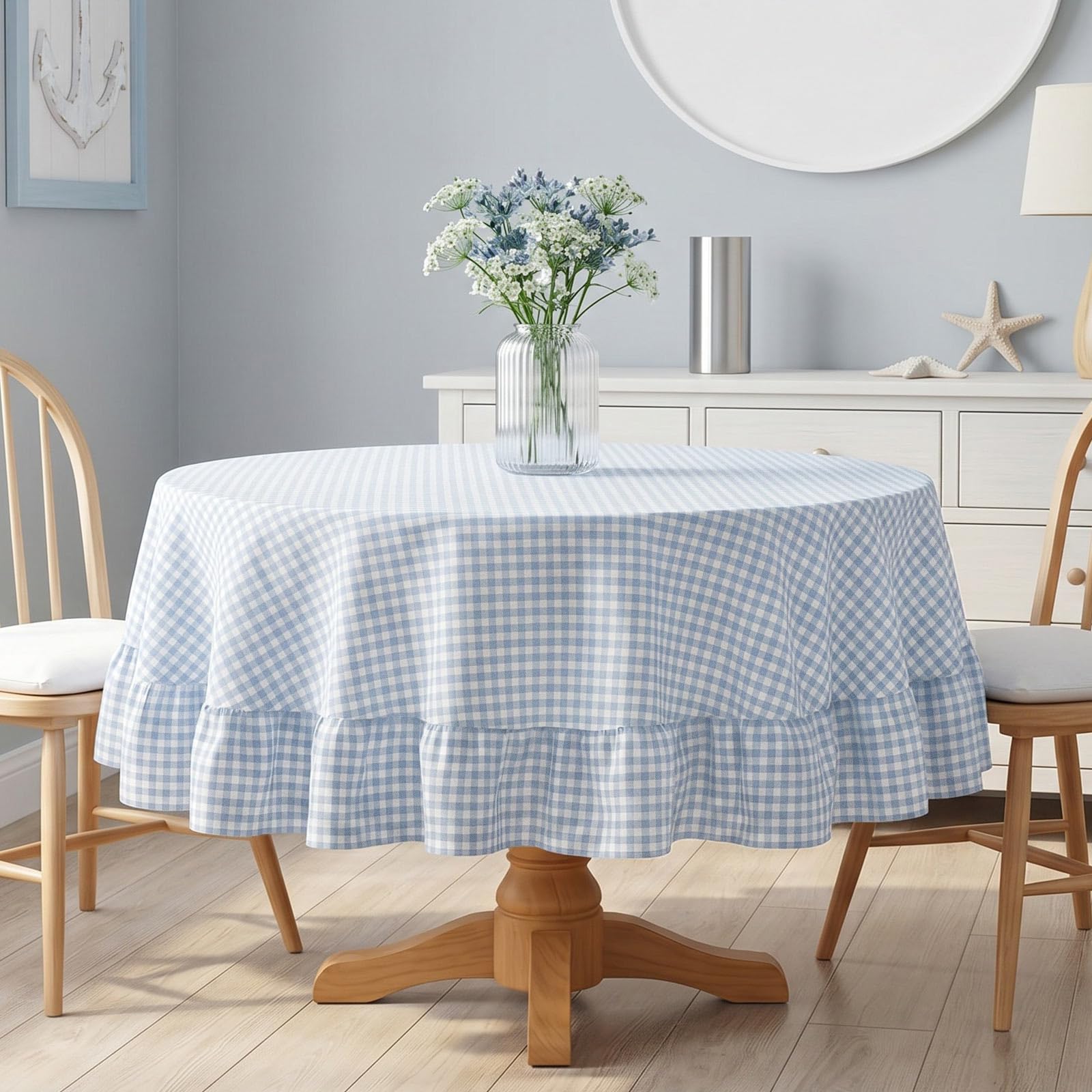 Mindsoft Sky Blue Gingham Ruffled Tablecloth, 70 x 70 Inches, Round