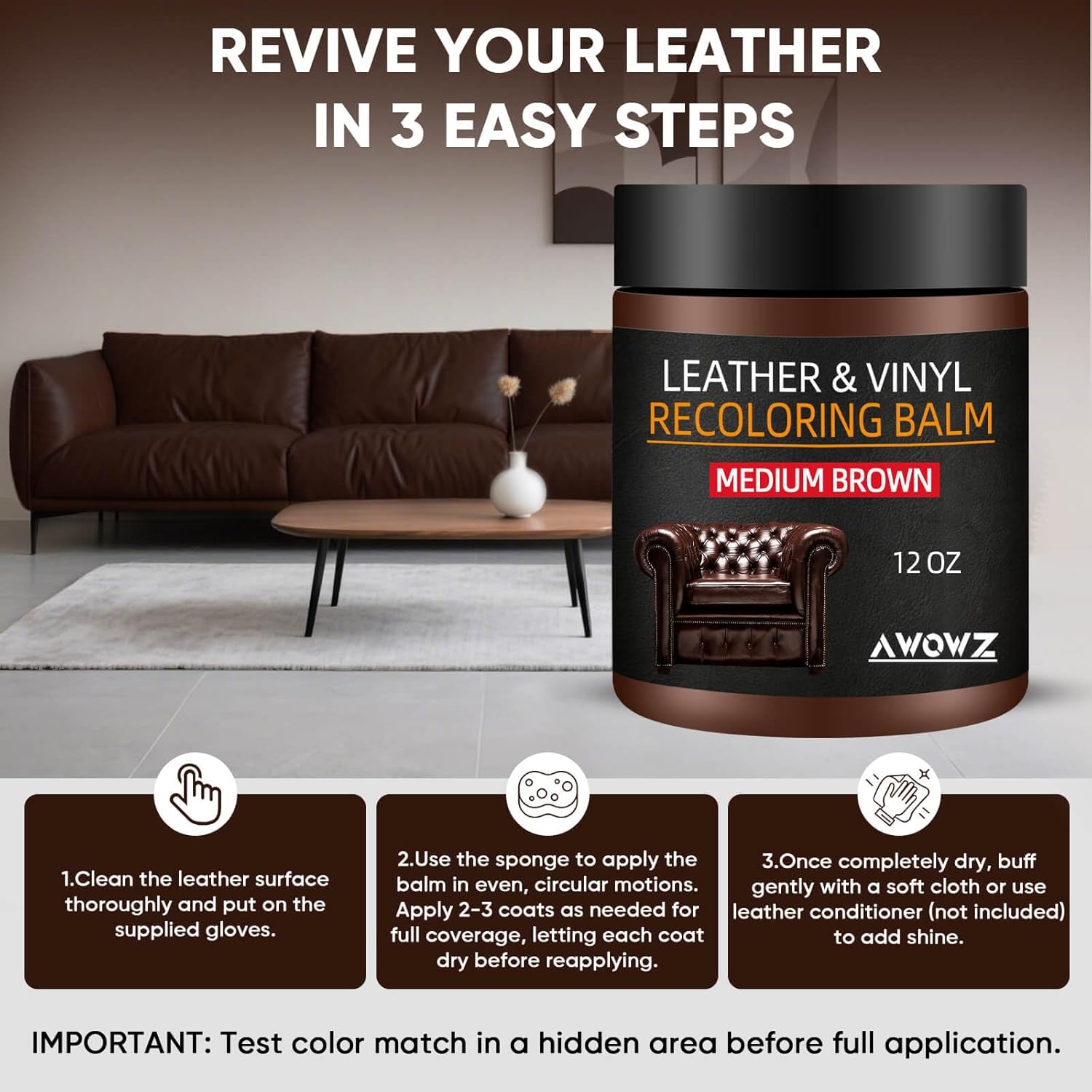 Leather Recoloring Balm - Scratch Repair & Color Restore Kit for Faded Leather, Leather Couch & Car Seats - 12OZ Leather Restorer Balm for Furniture, Auto Interior, Vinyl, Accessories (Medium Brown) - Image 5