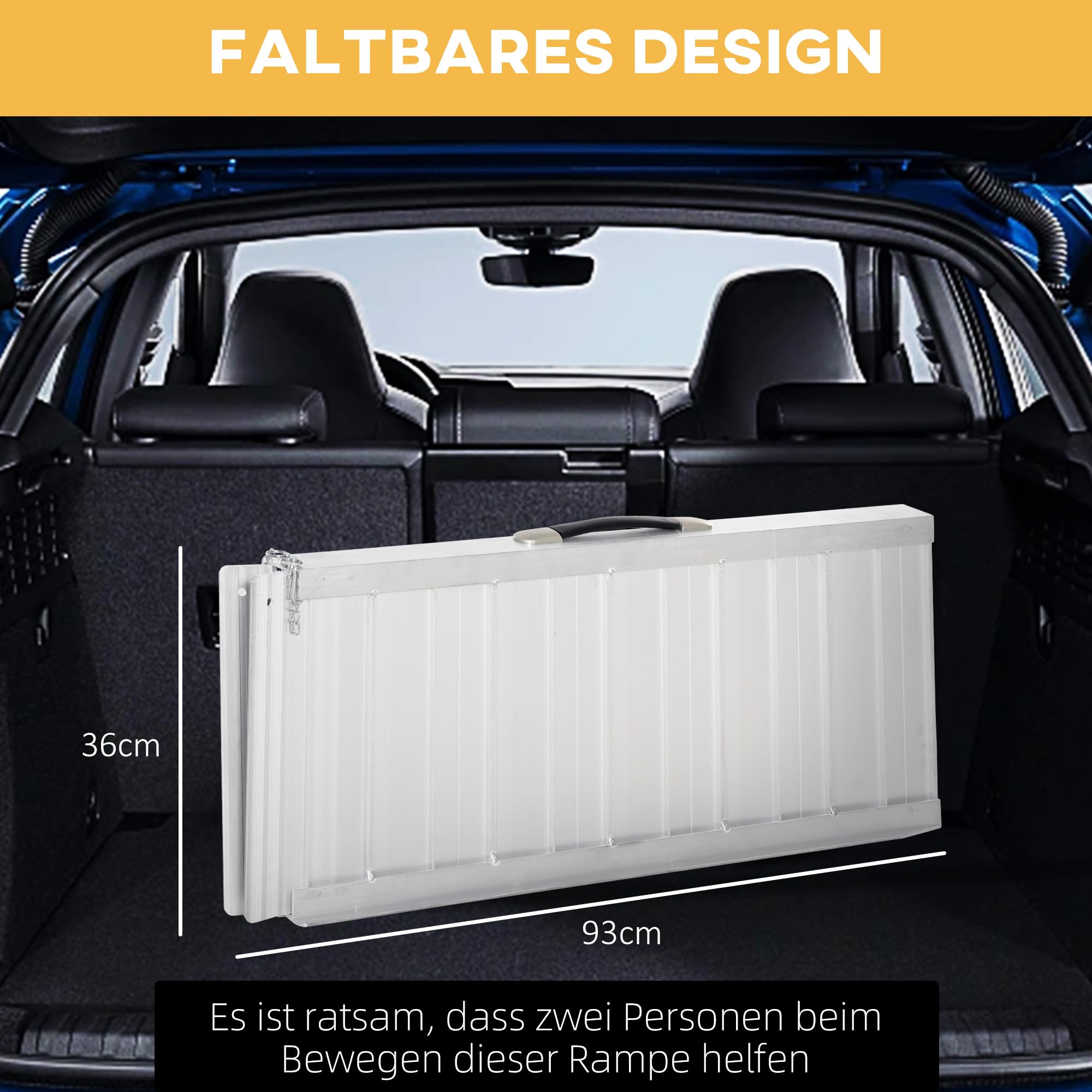 HOMCOM Rollstuhlrampe 2-Fach klappbar 91 cm bis 270 kg Belastbar Aluminium rutschfeste Rampe Tragbar Auffahrrampe für Rollstuhl, Treppen, Zuhause, Stufen
