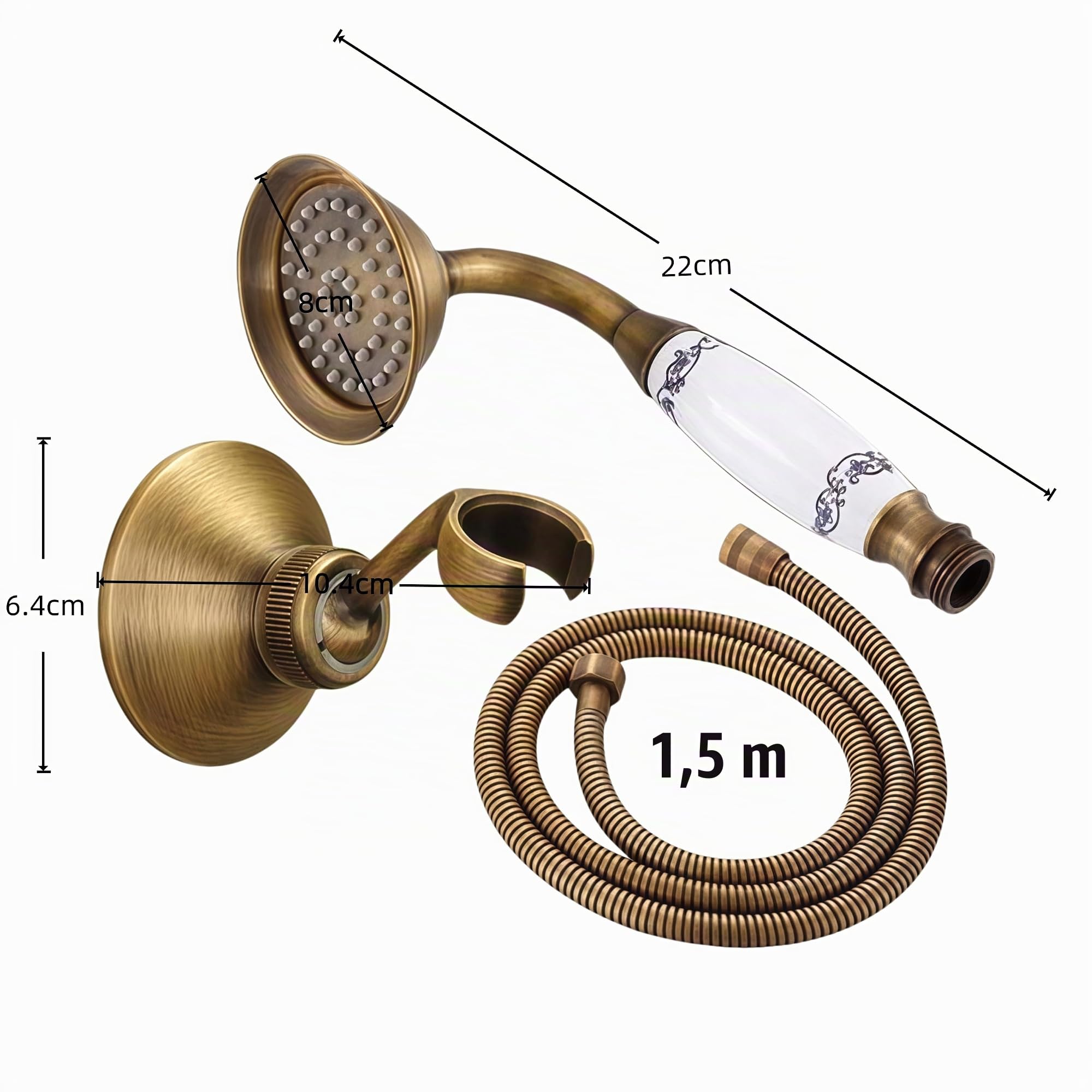 Ducha de mano Alcachofa de Ducha Cabezal de Ducha Accesorio de grifo de ducha para baño de latón antiguo Cabezal de ducha de lluvia de 8 "/ Ducha de mano/Manguera de 150 cm/Válvula angular