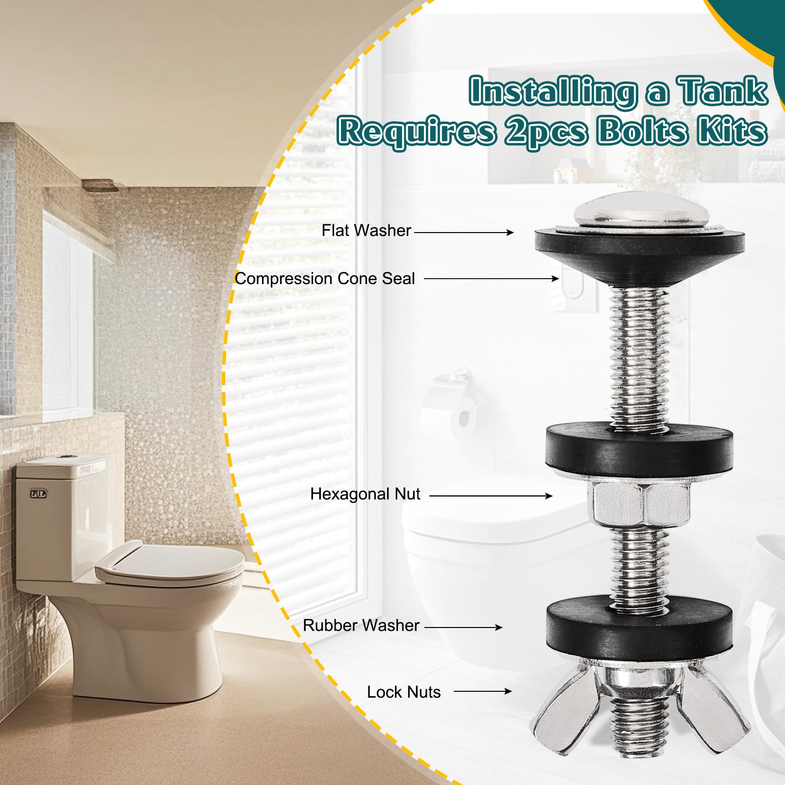 2-Pack M8 Toilet Tank-to-Bowl Bolts Kit – Heavy Duty 304 Stainless Steel With Extra Long Nuts, Rubber Washers & Cone Seals For Leak-Proof Installation