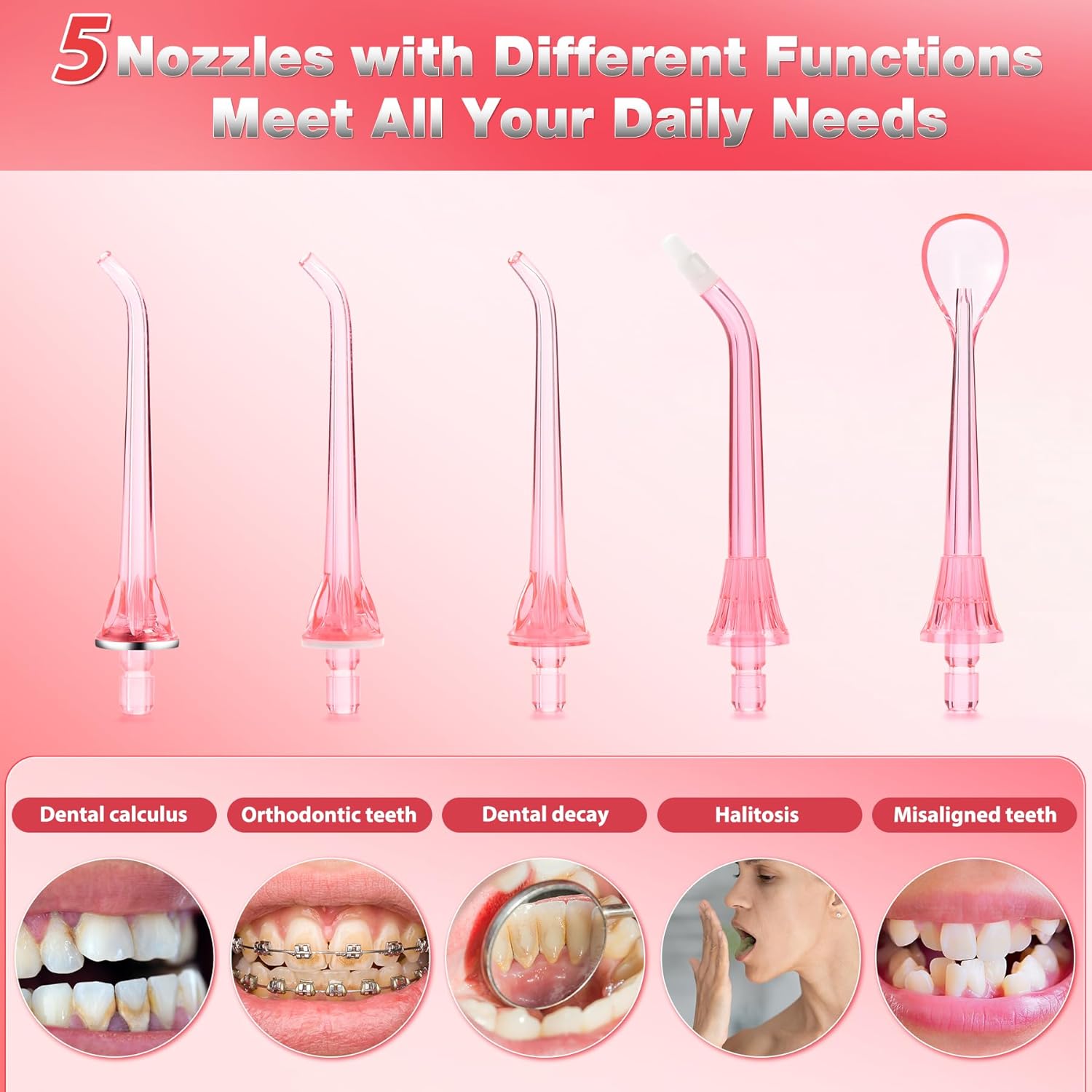 Five different nozzle tips for the TOVENDOR F5020D Electric Water Flosser