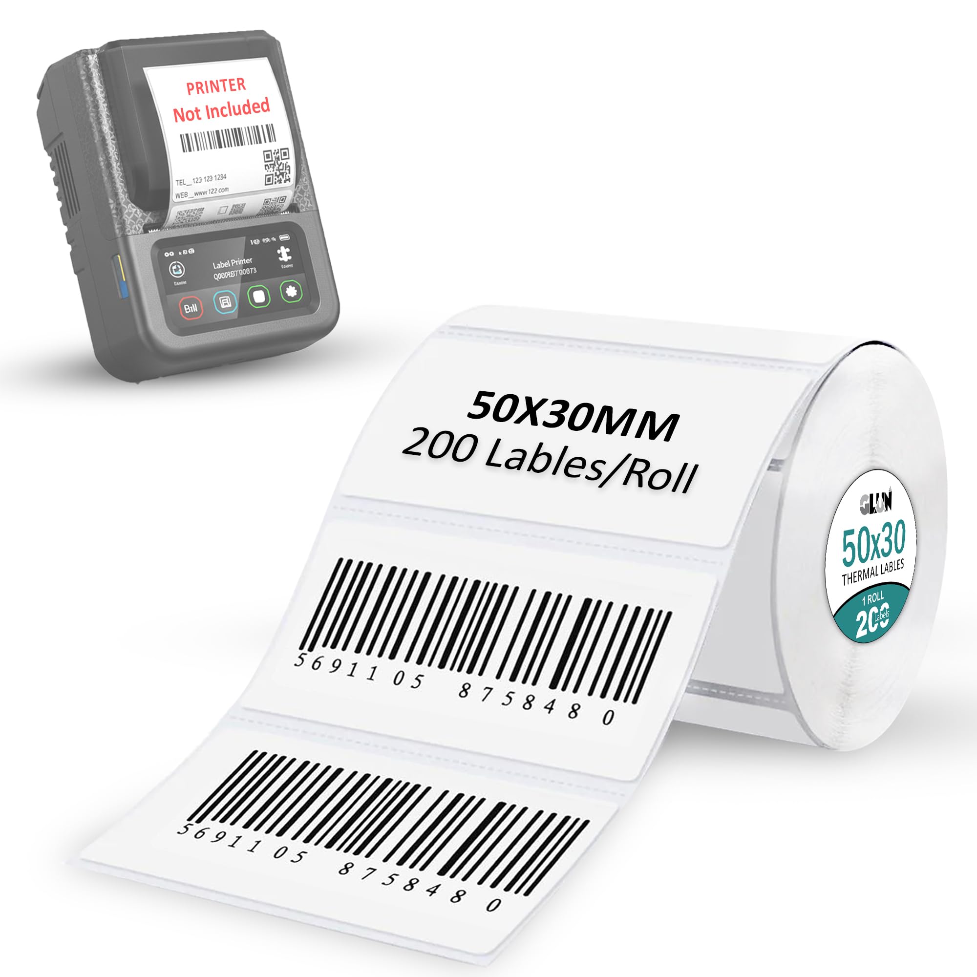 GLUN® 50x30mm Direct Thermal Labels Roll, 200 Smudge-Free Barcode & Shipping Sticker Labels for Thermal Printers, Price Tag Labels for Ecommerce, Retail Store & Office Use