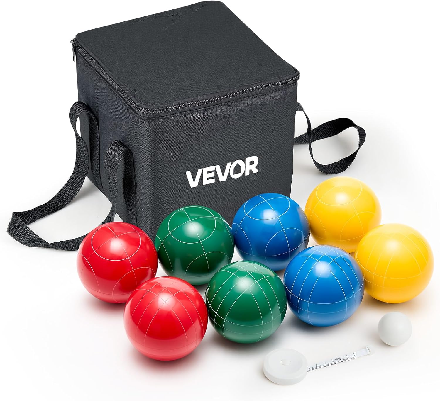 VEVOR Bocce Ball Set, 100 mm, with 8 Resin Balls, Pallino, Carrying Bag and Measuring Rope, Red/Green/Blue/Yellow 4 Colors, for 2 to 8 Players, Bocce Ball Game Set for Beach, Lawn, Family Backyard