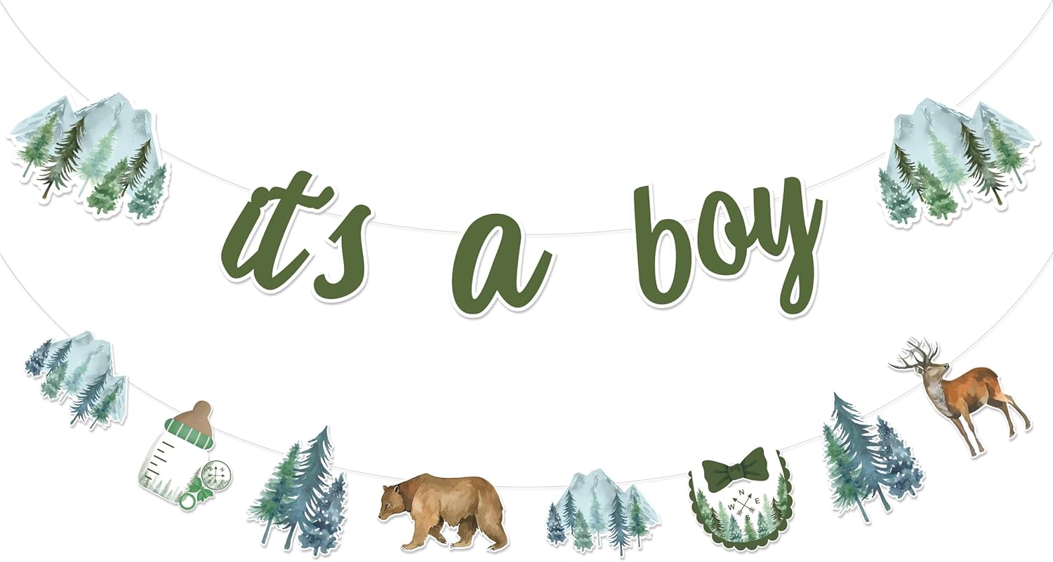 Adventure It’s A Boy Baby Shower Banner, Let the Adventure Begin Forest and Mountain Baby Shower Sign, Woodland Animals Wilderness Theme Baby Shower Decorations Supplies
