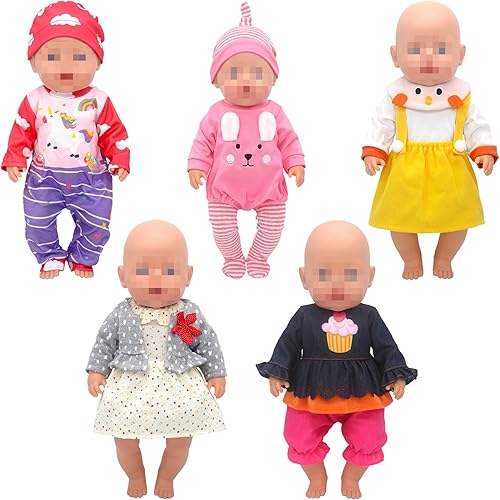 Miniatura 29 de SOTOGO 5 juegos de ropa de muñeca de bebé, trajes con sombreros para muñecas recién nacidas de 14 a 17 pulgadas, ropa de muñecas americanas de 18
