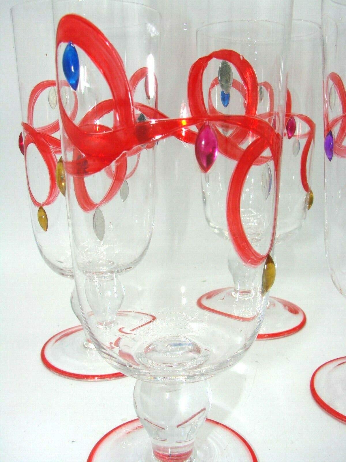 Block Basics Christmas Holiday Lights Set of 4 Iced Beverage Stem Glasses Hand-Made Jeweled