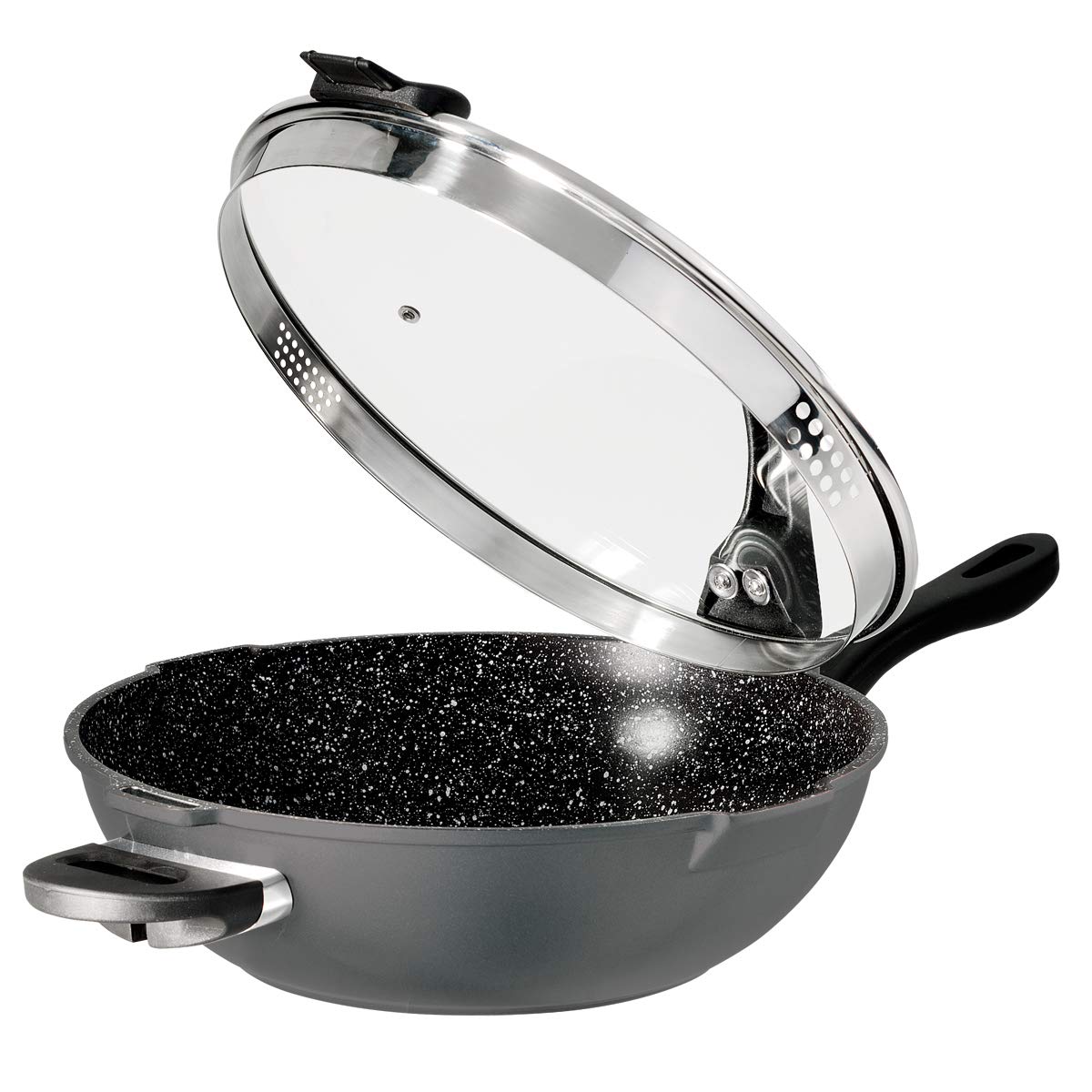 STONELINE Future Wok 32 cm, mit Sieb-Glasdeckel, mit austauschbaren Griffen, induktionsgeeignet, Aluguss, beschichtet mit echten Steinpartikeln, Grau, Wokpfanne mit Deckel