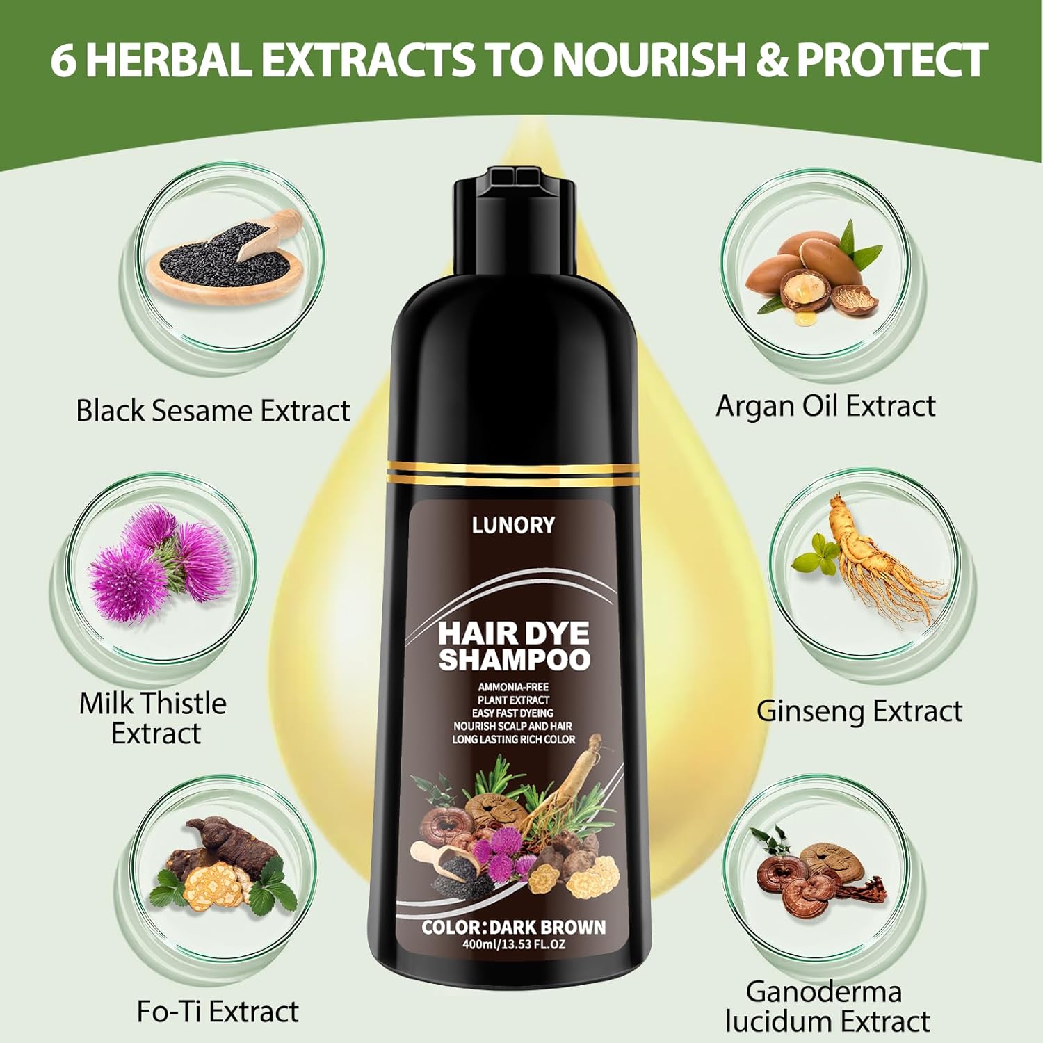 Dark Brown Hair Dye Shampoo for 100% Gray Coverage - 3 IN 1 Hair Color Shampoo with Argan Oil & Ginseng, Ammonia & Paraben Free, Long Lasting Semi-Permanent Natural Color for Women & Men
