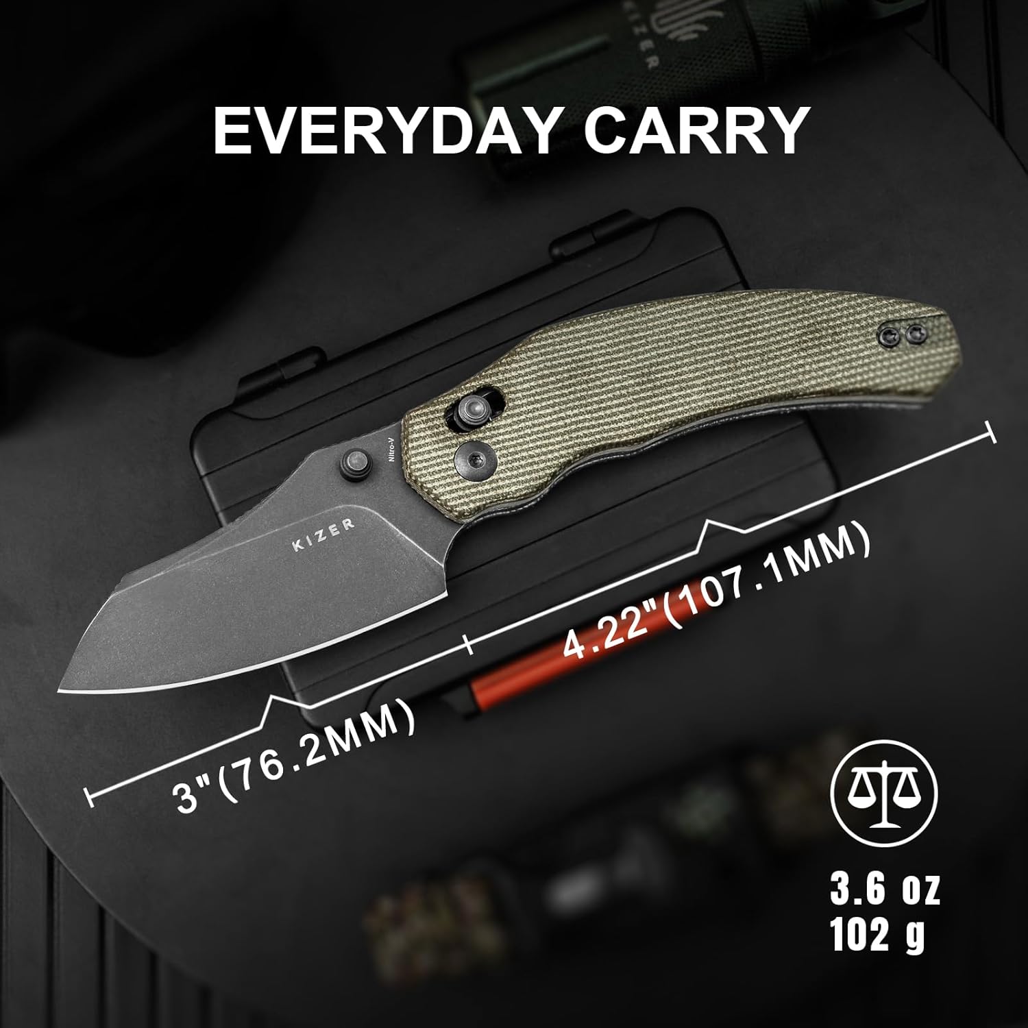 Kizer Bulldog Pocket Knife, 3 In Nitro V Blade Folding Knife Micarta Handle Camping Hunting Knife with Reversible Clip, Clutch Lock Small EDC Knives for Men Women V3672A3
