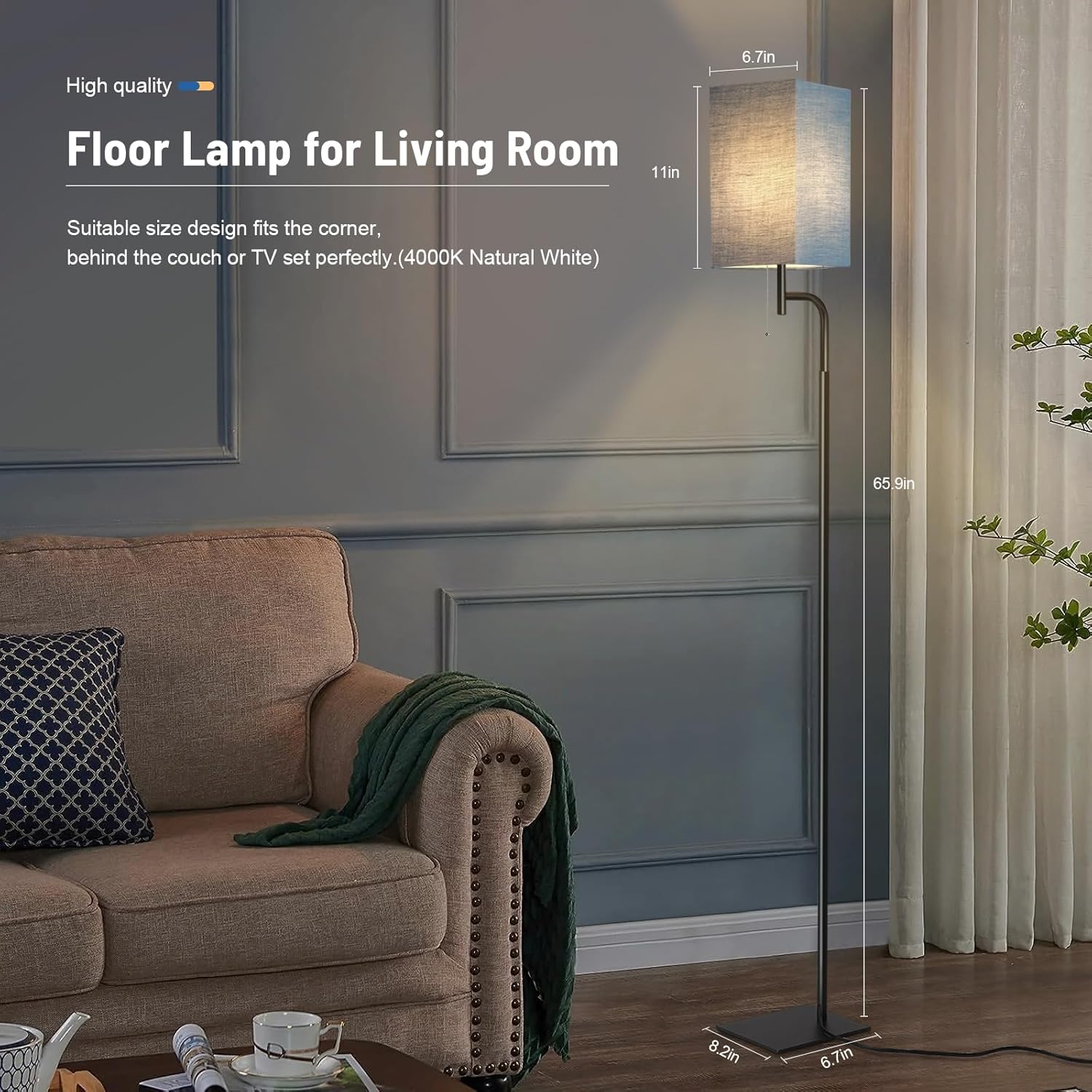 Floor Lamp for Living Room, 3 Color Temperatures Modern Standing Tall Lamps for Bedroom, Elegant Linen Shade, Minimalist Stand Up Pole Lamp for Office Kids Room Reading, Blue