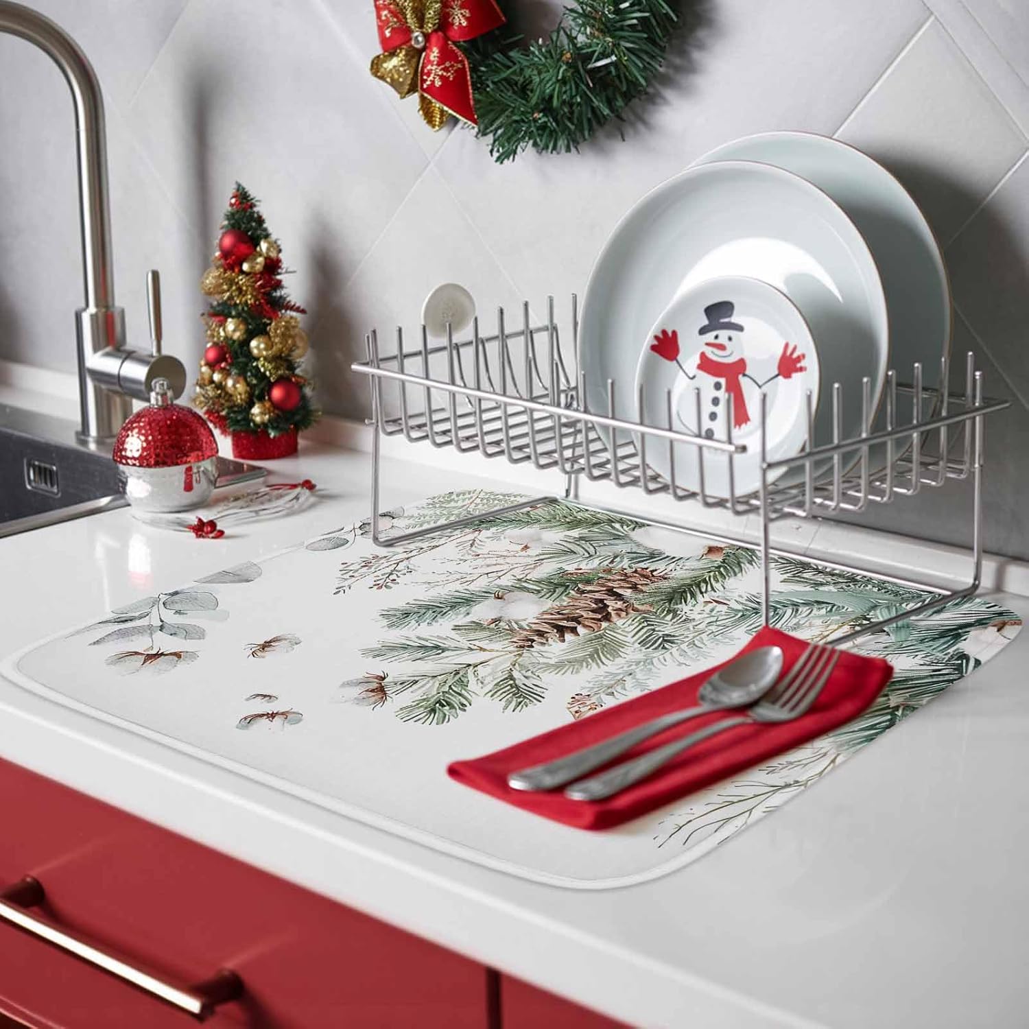Xmas Pine Branch Eucalyptus on White Dish Drying Mats for Kitchen Counter,Absorbent Microfiber Dish Drainer Rack Mat Watercolor Leaves Drying Pad for Sinks,Utensils,Countertops,18x24in