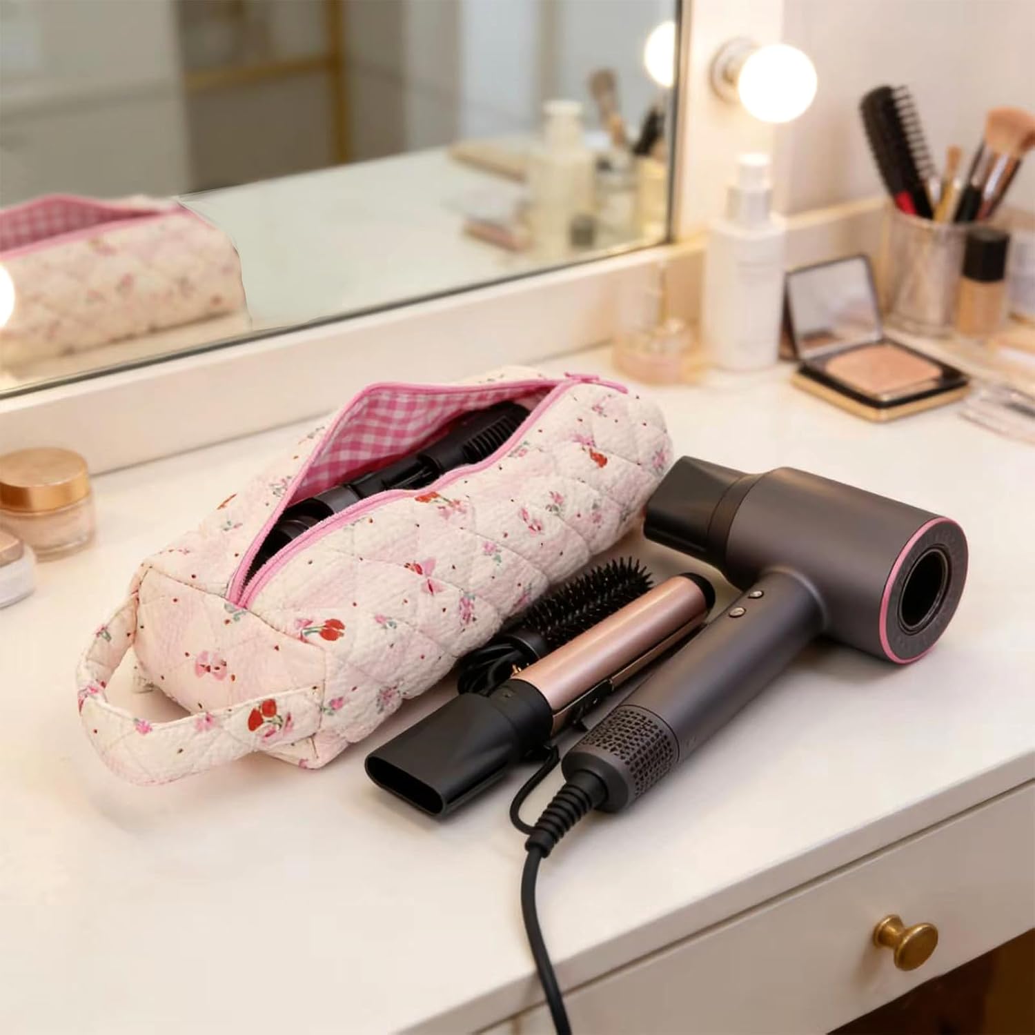 Quilted Travel Hair Tool Bag with Handle for Curling Iron Dryer