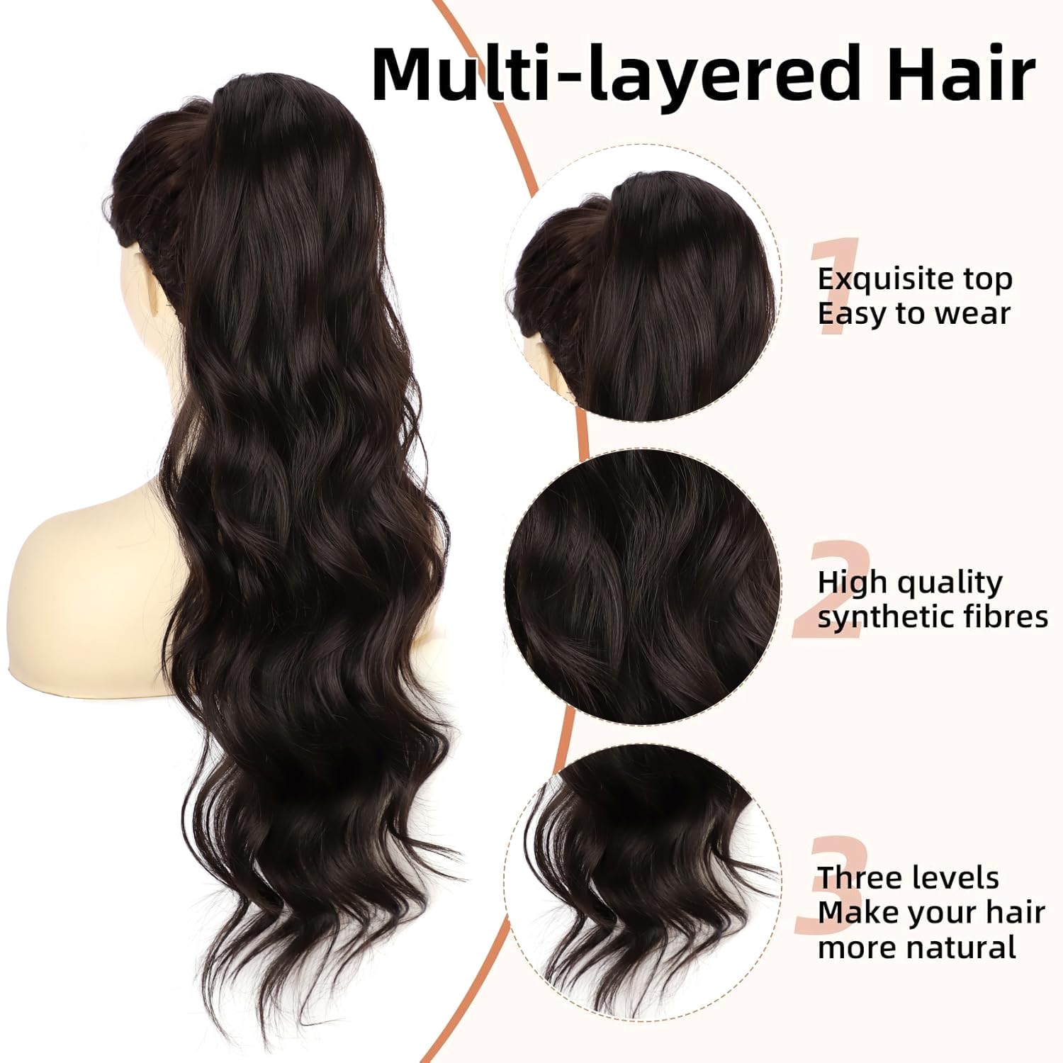 YEESHEDO Long Wavy Ponytail Hair Extension for Women Drawstring Ponytail Hair Extensions Clip in Curly Synthetic Hairpiece (Natural Black) - Image 2