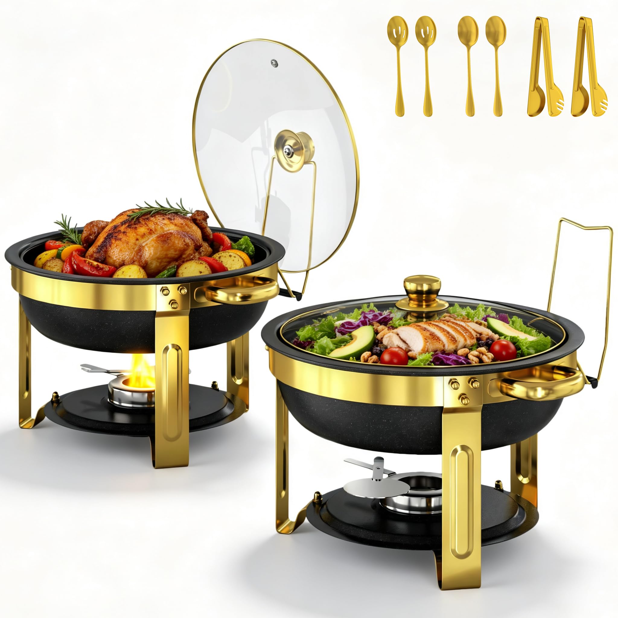 Juego de 2 recipientes para buffet de platos negros con revestimiento de maifanita, redondos, con tapa transparente, acero inoxidable dorado, para fiestas y eventos de catering