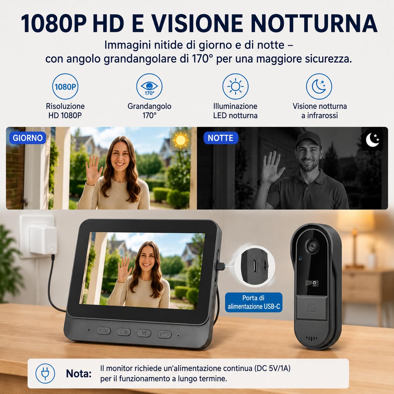 Winnes Videocitofono wireless senza WiFi, campanello con fotocamera e schermo da 4,3", videocitofono 1080P HD, visione notturna, audio bidirezionale, registrazione, grandangolo 170°, IP65