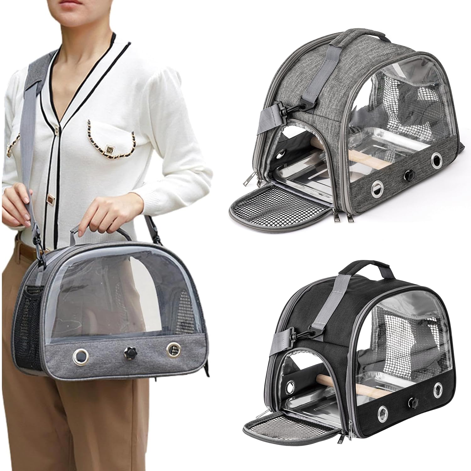 Jaula De Viaje para Pájaros con Percha Y Bandeja, Bolsa De Transporte para Pájaros, Transportador Portátil para, Bolsa De Viaje para Loros, para Periquitos y Loros Pequeños, Negro