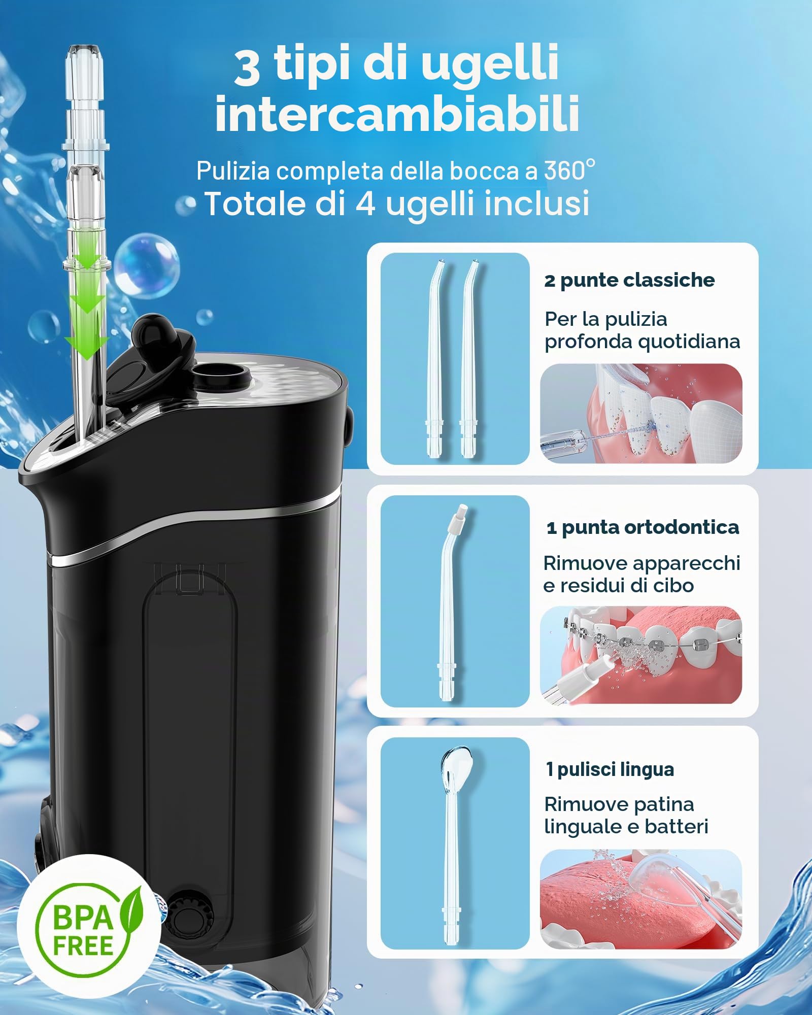 Idropulsore Dentale Portatile, 5 Modalità, Serbatoio 180ml, Impermeabile IPX7, Mini Irrigatore Orale da Viaggio, Water Flosser per Casa e Spostamenti