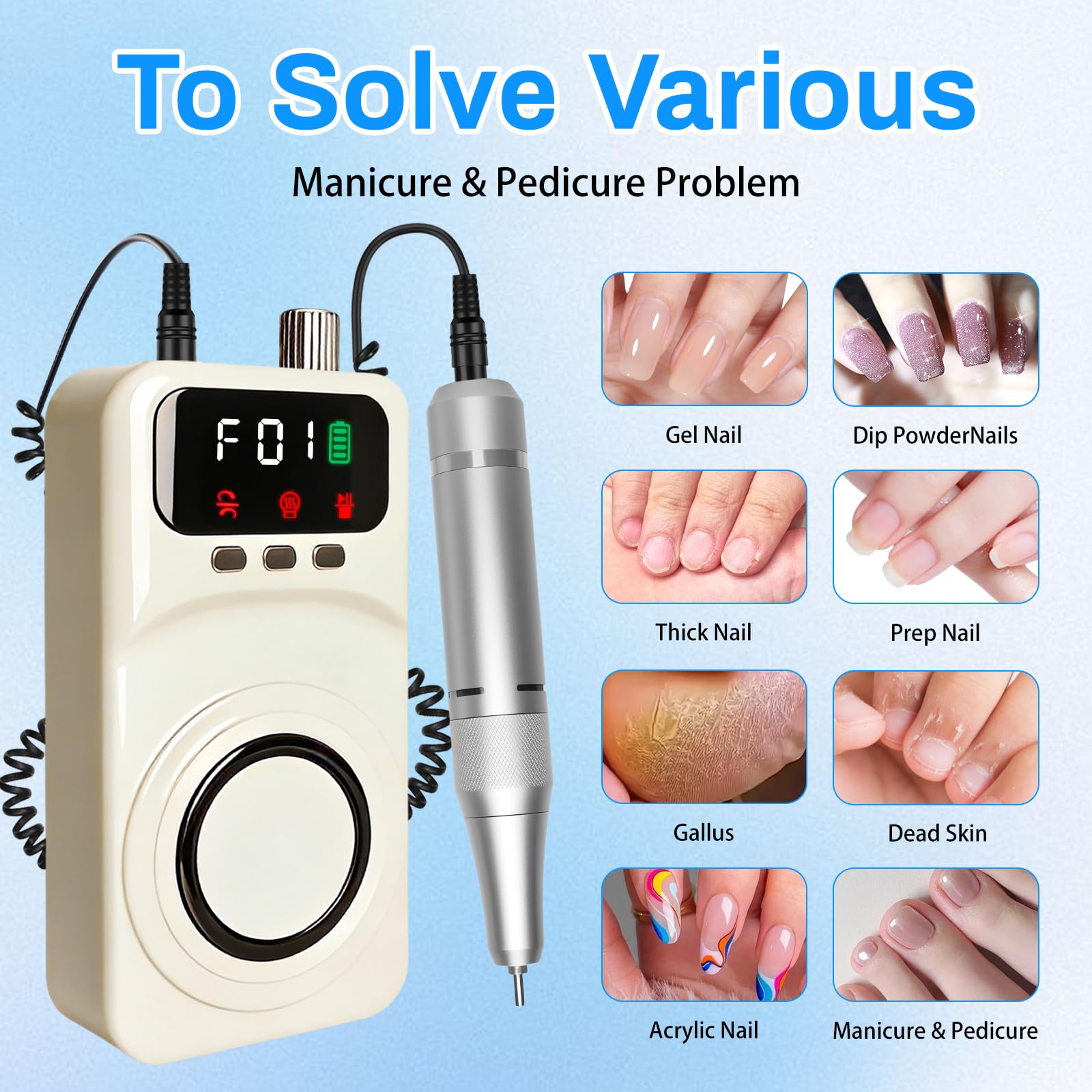 Fresa per Unghie Professionale, 12 in 1 Lima Elettrica per Unghie, Manicure e Pedicure Elettrico, 40000 RPM, Velocità Regolabile, Lima Per Unghie Elettrica per Casa e Salone