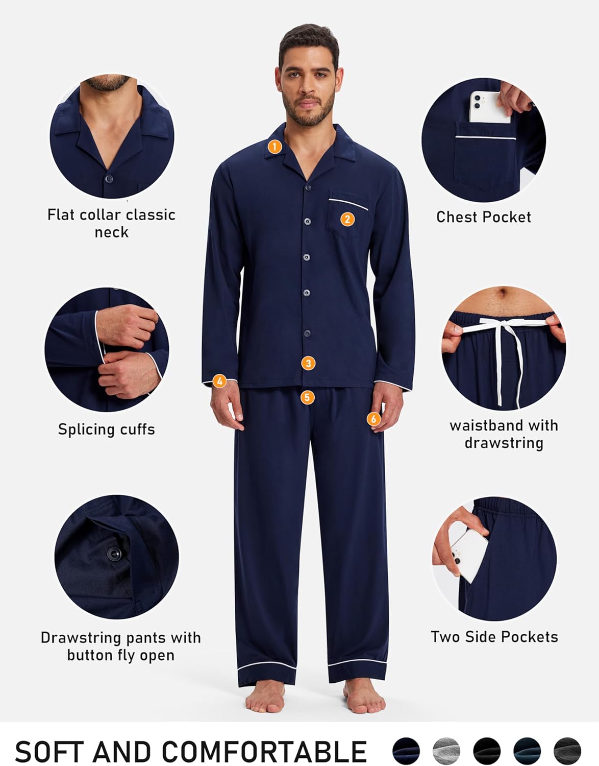 Mens Pajamas Set Soft Cotton Notched Collared Pjs for Men Long Sleeve Men's Sleepwear Loungewear Pyjama Homme - Image 5