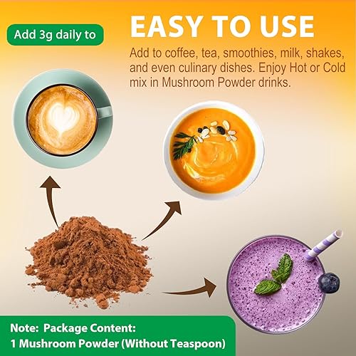 Miniatura 6 de Suplemento en polvo de hongos, 75 porciones, mezcla de 10 hongos para café y batidos, 8 onzas de hongos y Rhodiola Rosea con melena de león, Reishi,