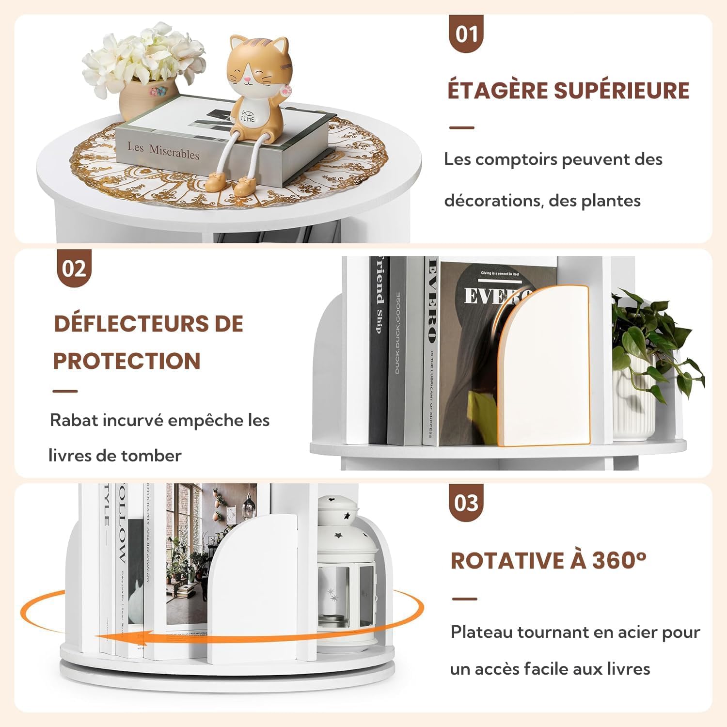 uyoyous Bibliothèque Rotative 360° à 5 Niveaux, Étagère Ronde Gain de Place en Bois d'Hévéa, avec Pare-Chocs Anti-Chute, pour Salon, Chambre, Bureau, Chambre d'enfant, Style Moderne