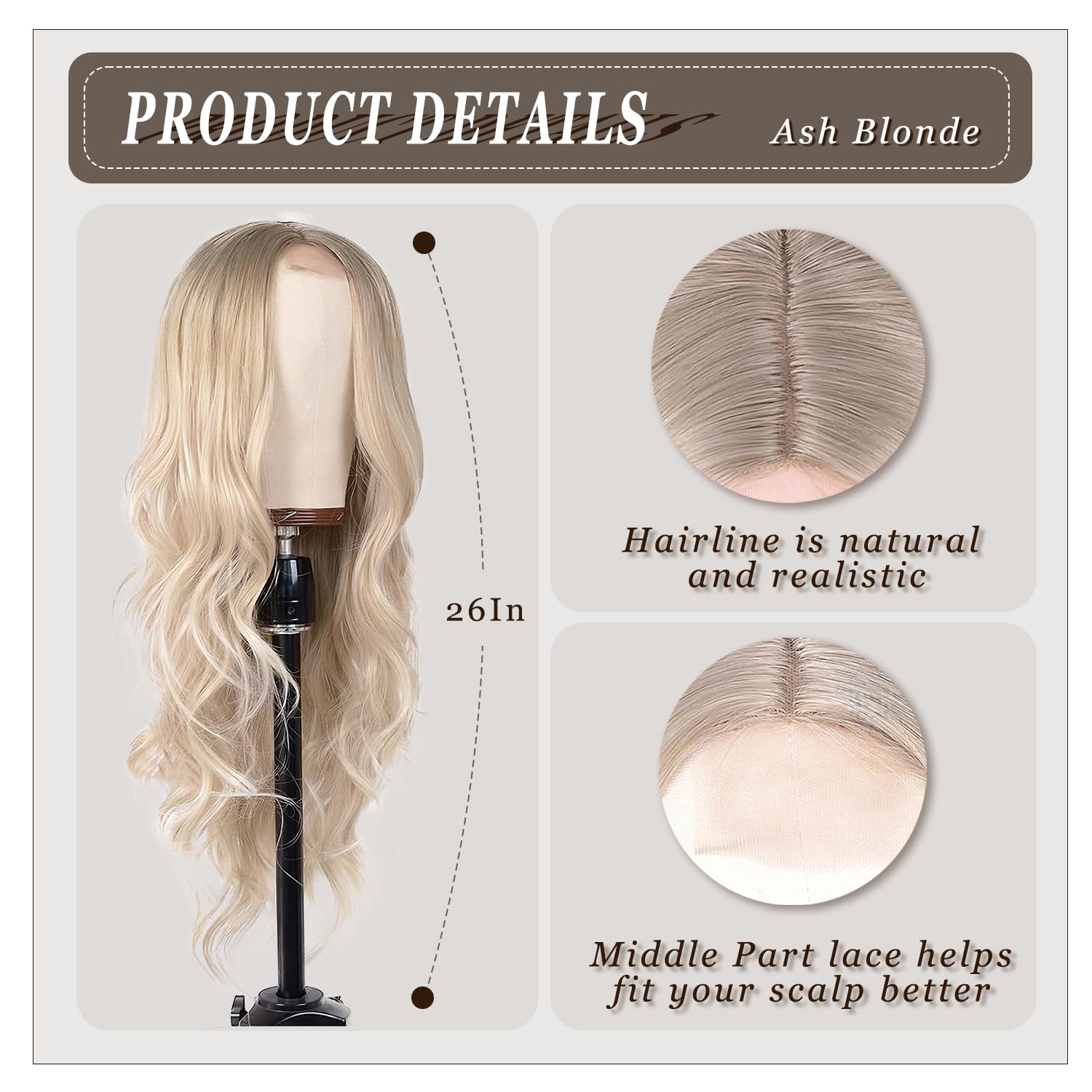 Ash Blonde Wig for Women 26 Inch Long Wavy Synthetic Wig Middle Part Natural Looking Heat Resistant Fiber Wig for Daily Wear, Cosplay & Halloween