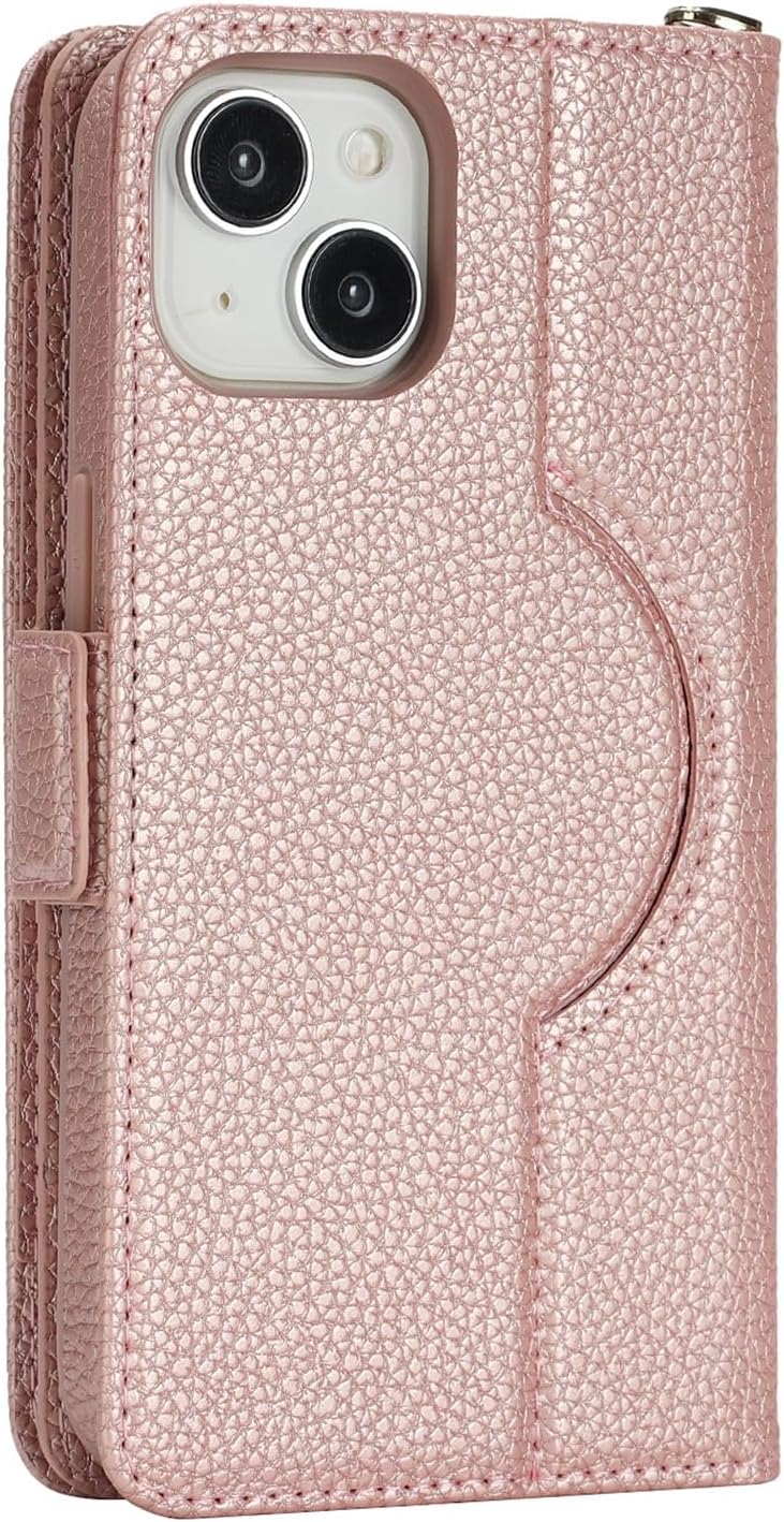 Jaorty for iPhone 15 Detachable Wallet Case, [Compatible with MagSafe] [Card Holder] [Zipper Pocket],2-in-1 PU Leather Flip Purse Kickstand Wrist Strap Magnetic Cover Men Women,Lichi Rosegold