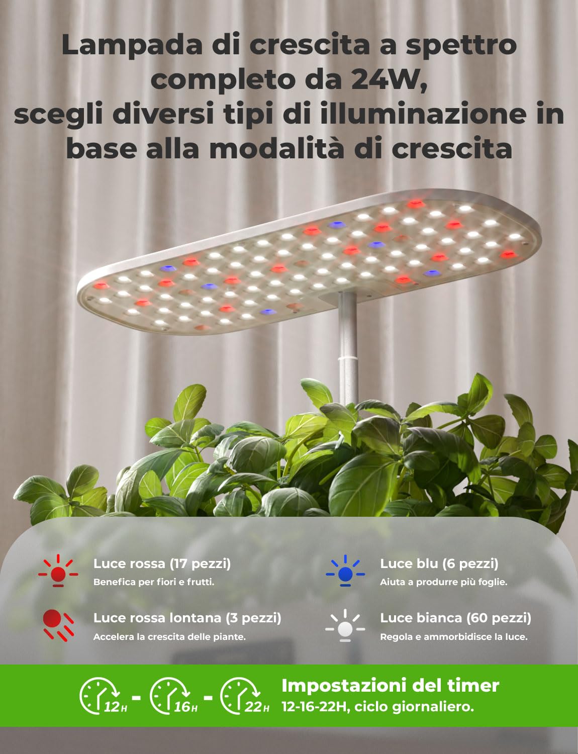 Serra Idroponica 13 Baccelli, Smart Garden con Doppia modalità di Coltivazione, con Luce LED per Coltivazione, Timer Automatico, Altezza Regolabile, Bianco