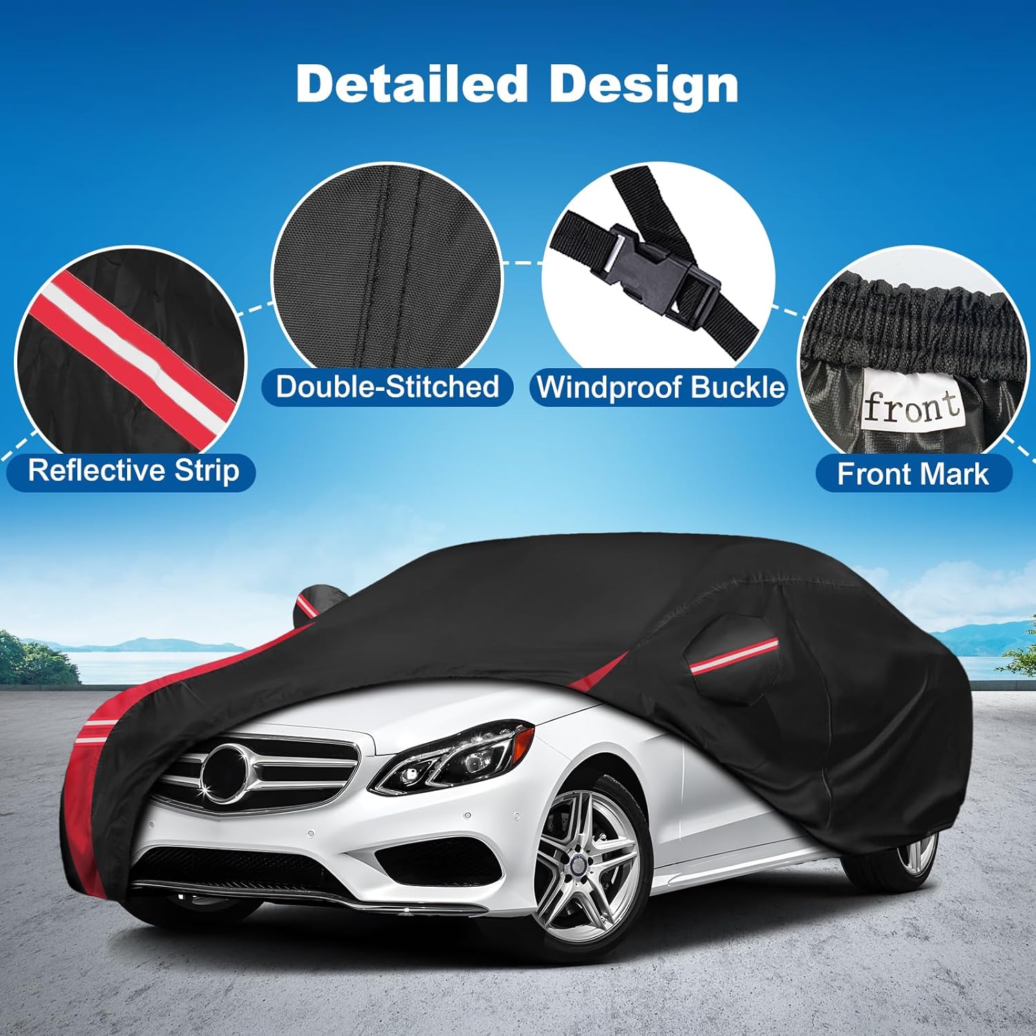 QUNSUNUS 6 Layer Car Cover for Mercedes Benz E-Class Sedan 2006-2025 Waterproof All Weather 420D Windproof for Mercedes Benz E 350 Car Cover Hail Protection with Zipper
