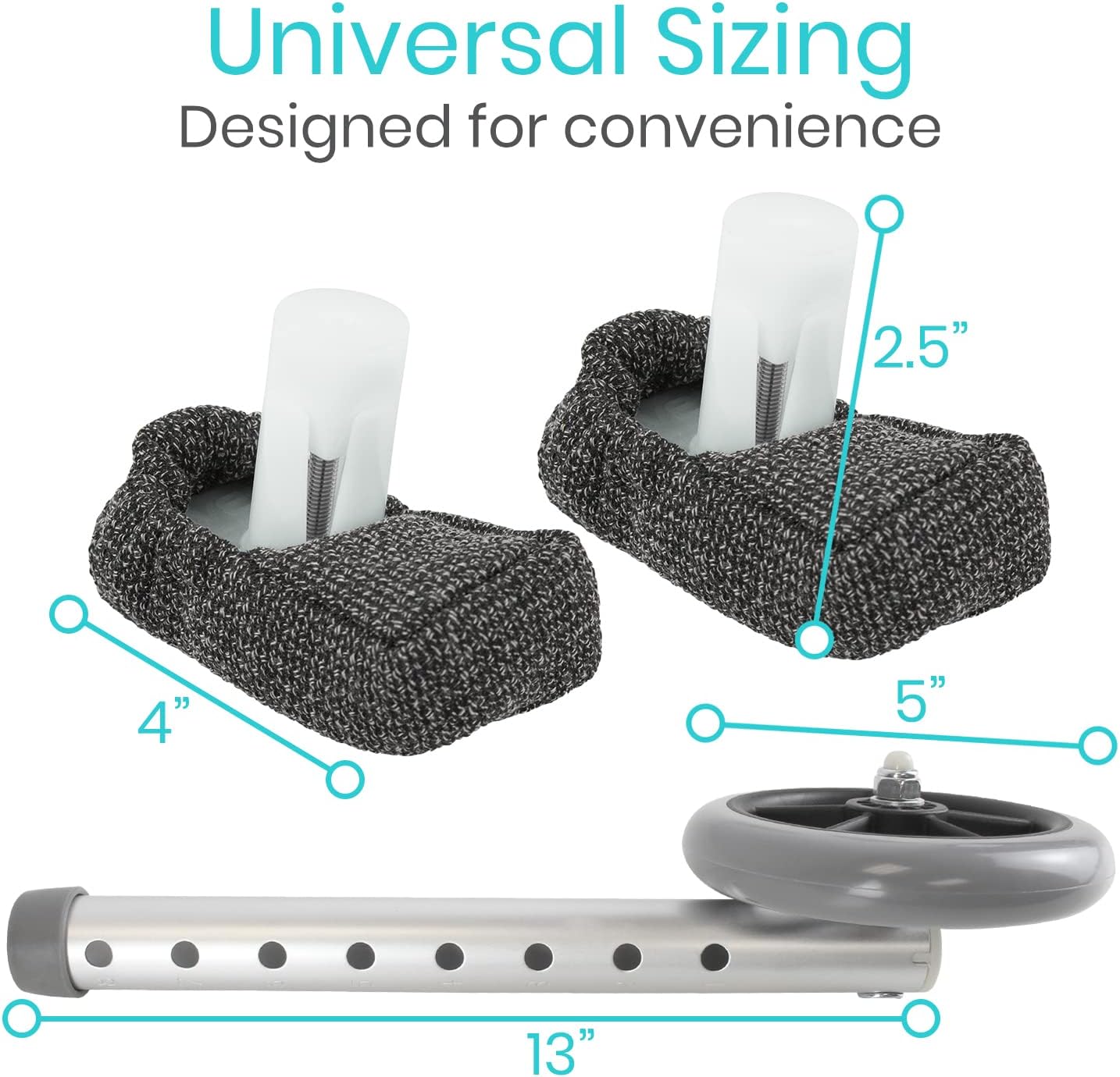 Vive Walker Wheels, Ski Glides, Accessories Covers for Seniors (6 PCS), Replacement Feet Parts Ball Set for Folding Medical Roller Safety- Front, Back Stability 5" Rubber, Bariatric - Universal Size