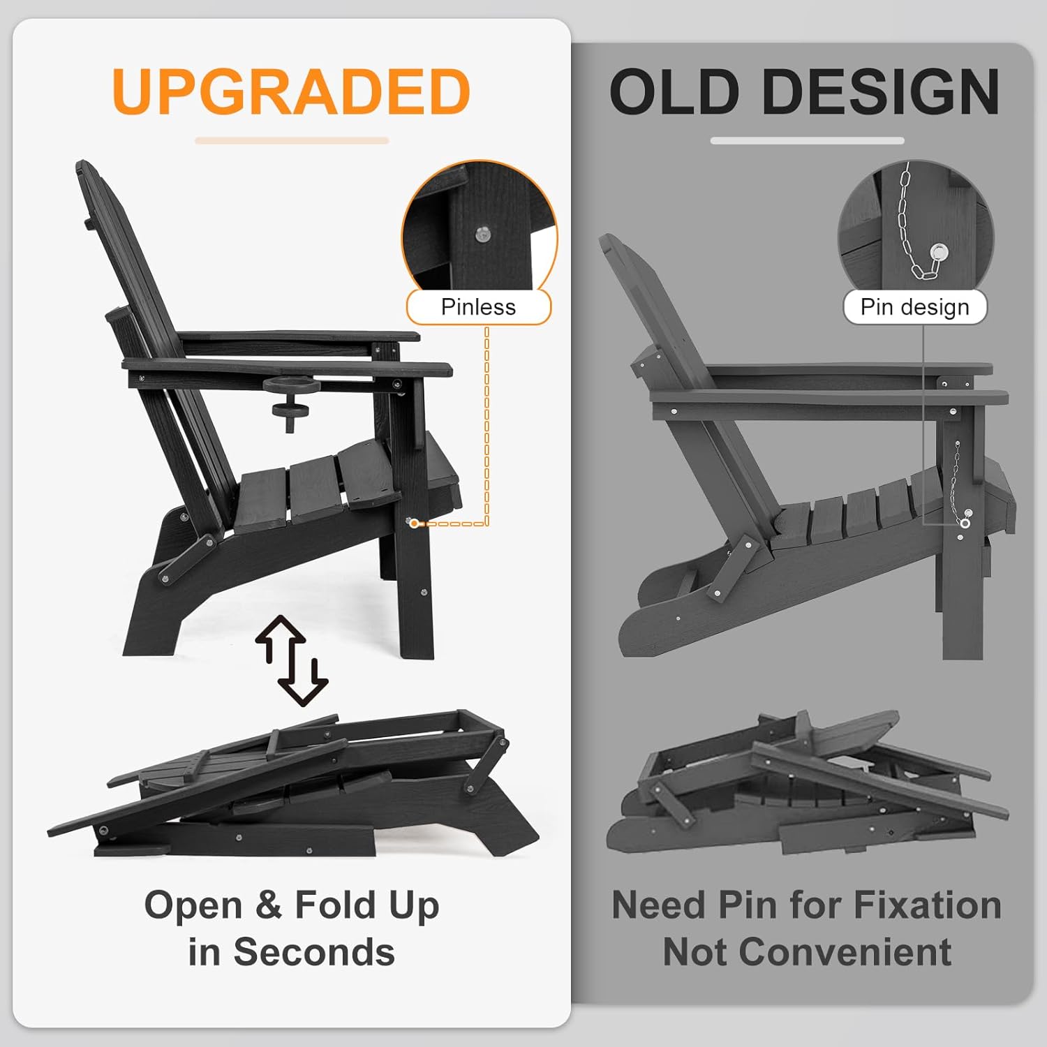 FUNBERRY Folding Adirondack Chairs Set of 4, HDPE Stable Gun-Leg Design Fire Pit Chairs with Cupholder All Weather for Outside