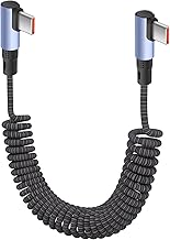 YACSEJAO USB C to USB C Coiled Braided Cable 100W [1ft - 5ft), 90° Retractable Coiled Coil, USB Type C, Fast Charging Cable (Side Angle to Side Angle)
