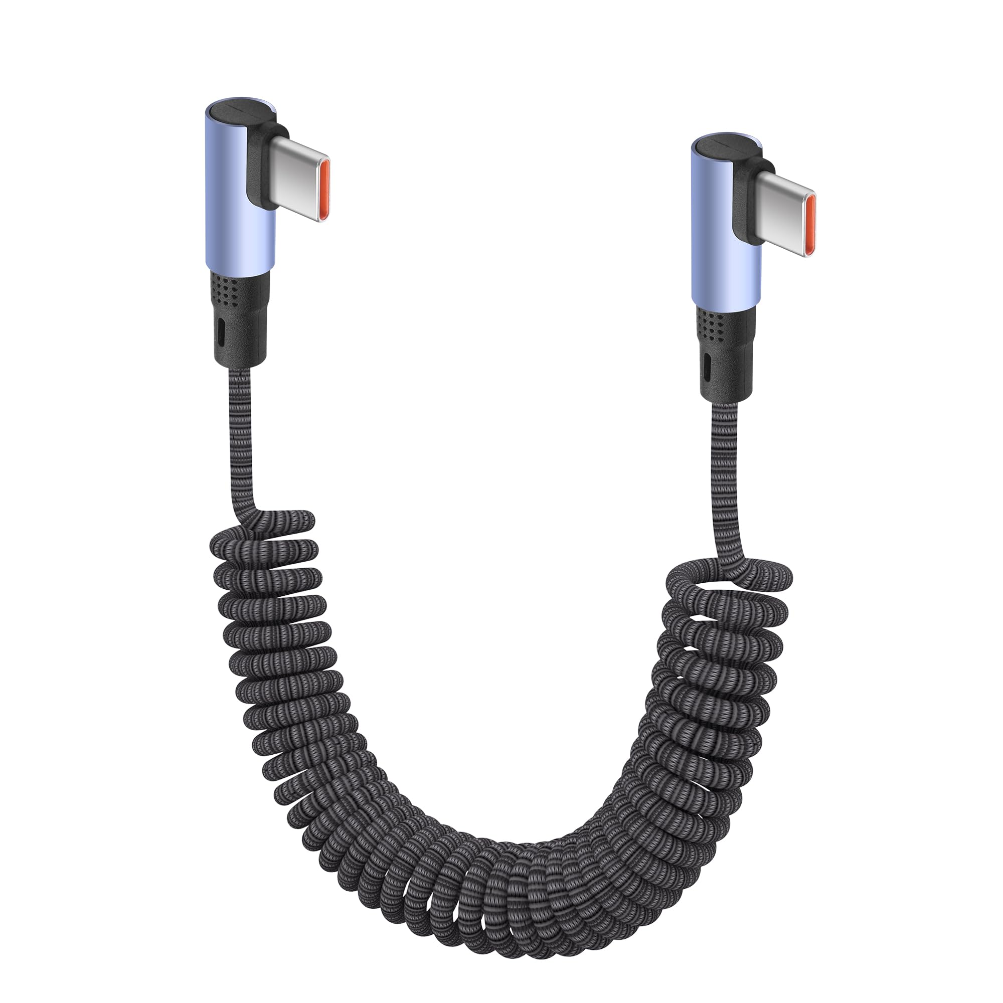 YACSEJAO 100W Spiral USB C zu USB C Geflochtenes Kabel [0,3M–1,5M] 90 Grad Einziehbares Spiral USB Typ C Schnellladekabel (Seitlicher zu Seitlicher Winkel)