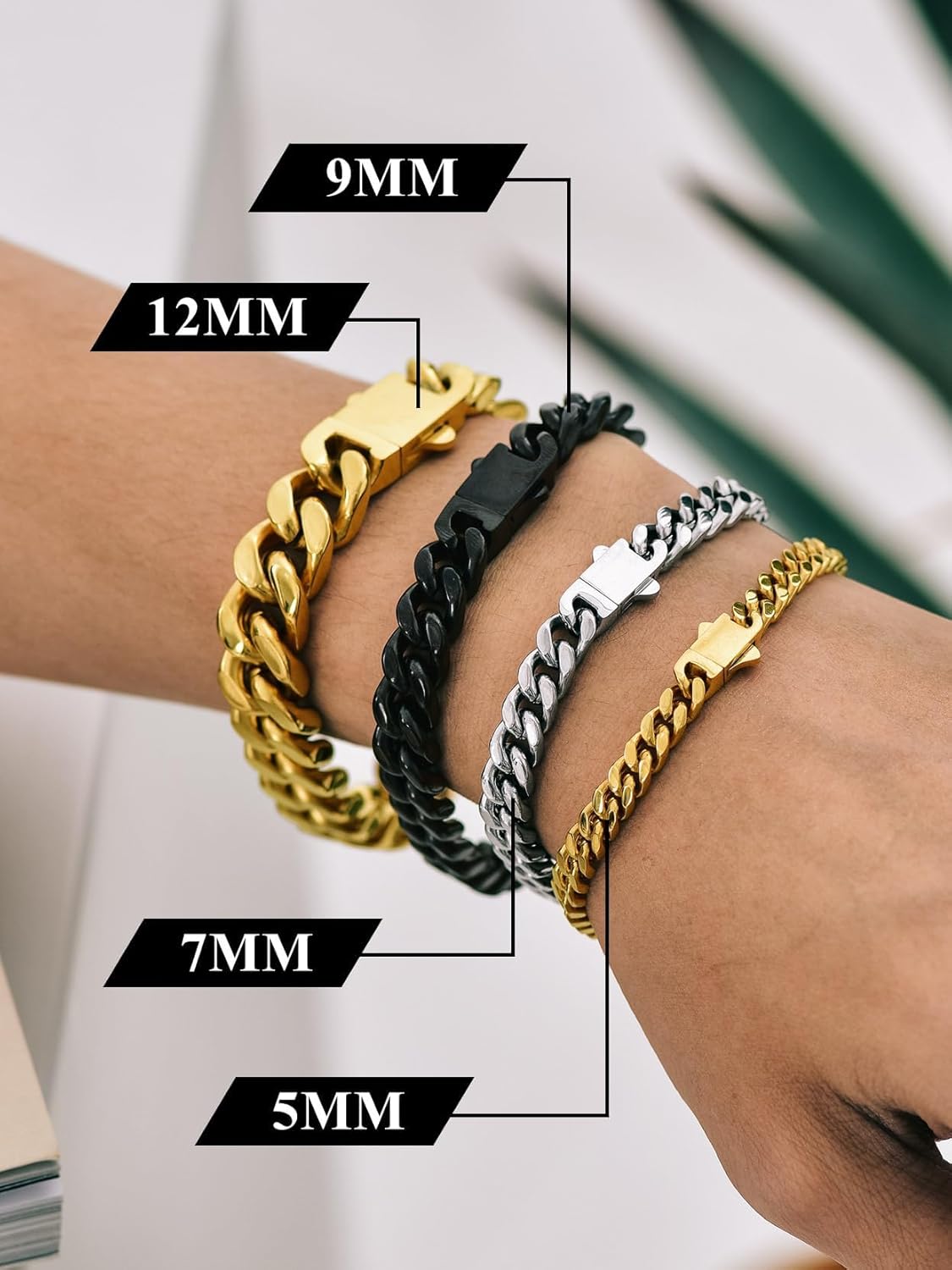 Richsteel Miami Cuban Link Chain Bracelet for Men, Silver/Black/14K Gold Plated Stainless Steel Bracelets for Men, 5/7/9/12mm Width, 7.4/8.2/9 Inch Length Metal Chain Bracelet Hip Hop Jewelry
