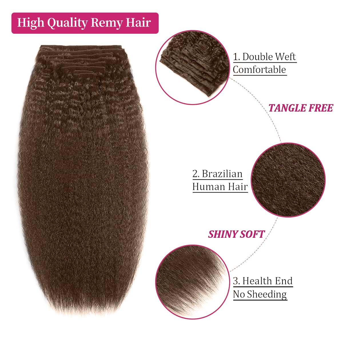 Kinky Straight Hair Clip ins Hair Extensions Chocolate Brown Brazilian Virgin Human Hair Kinky Straight Clip in Hair Extensions Real Human Hair 8pcs 20 Clips 110g/Set (4# Kinky straight, 12inch)