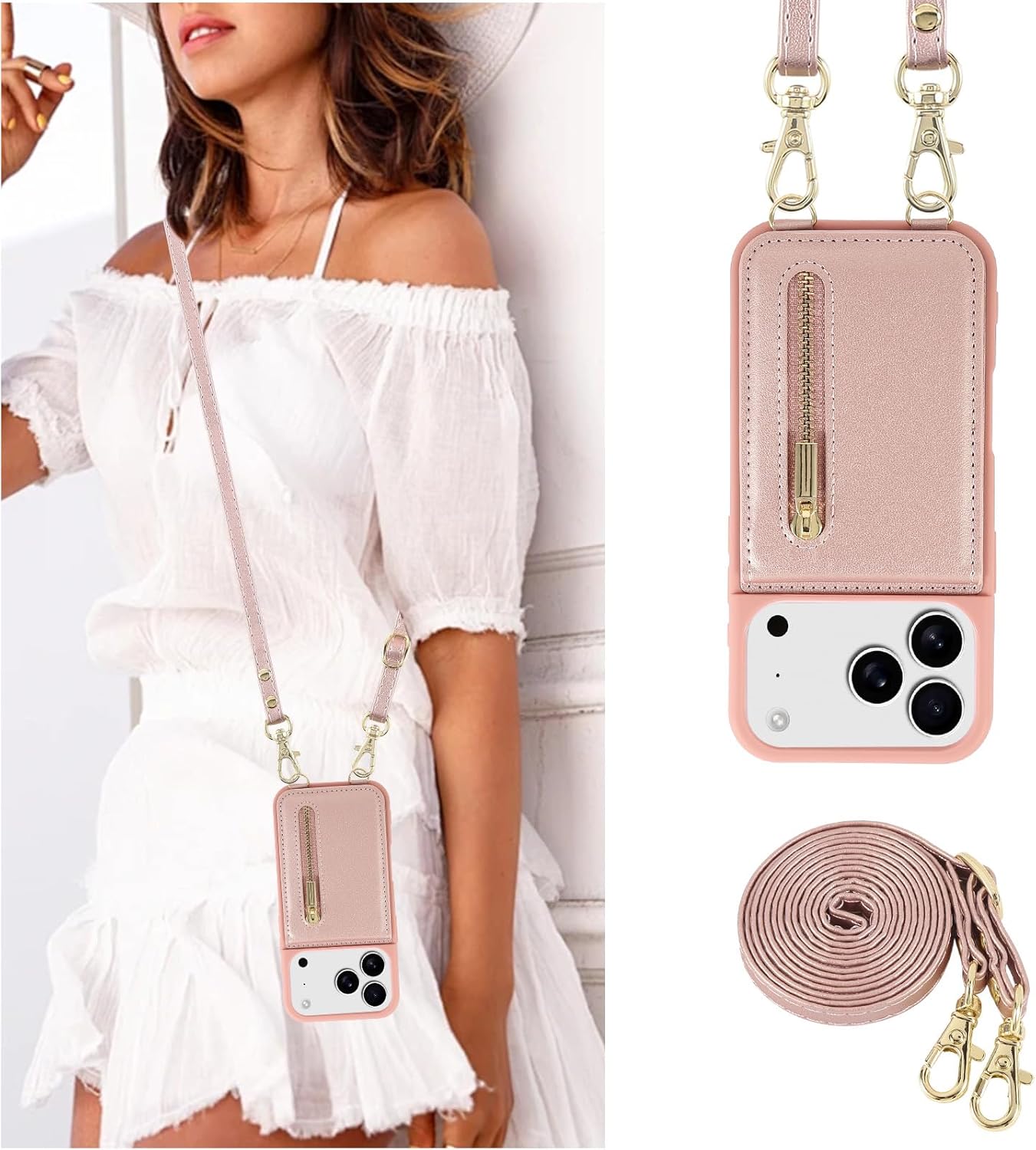 Crossbody Wallet Case for iPhone 17 Pro, with Card Slots Zipper Pocket Case, Flip Folio Purse RFID Blocking with Detachable Strap-Pink - Image 5