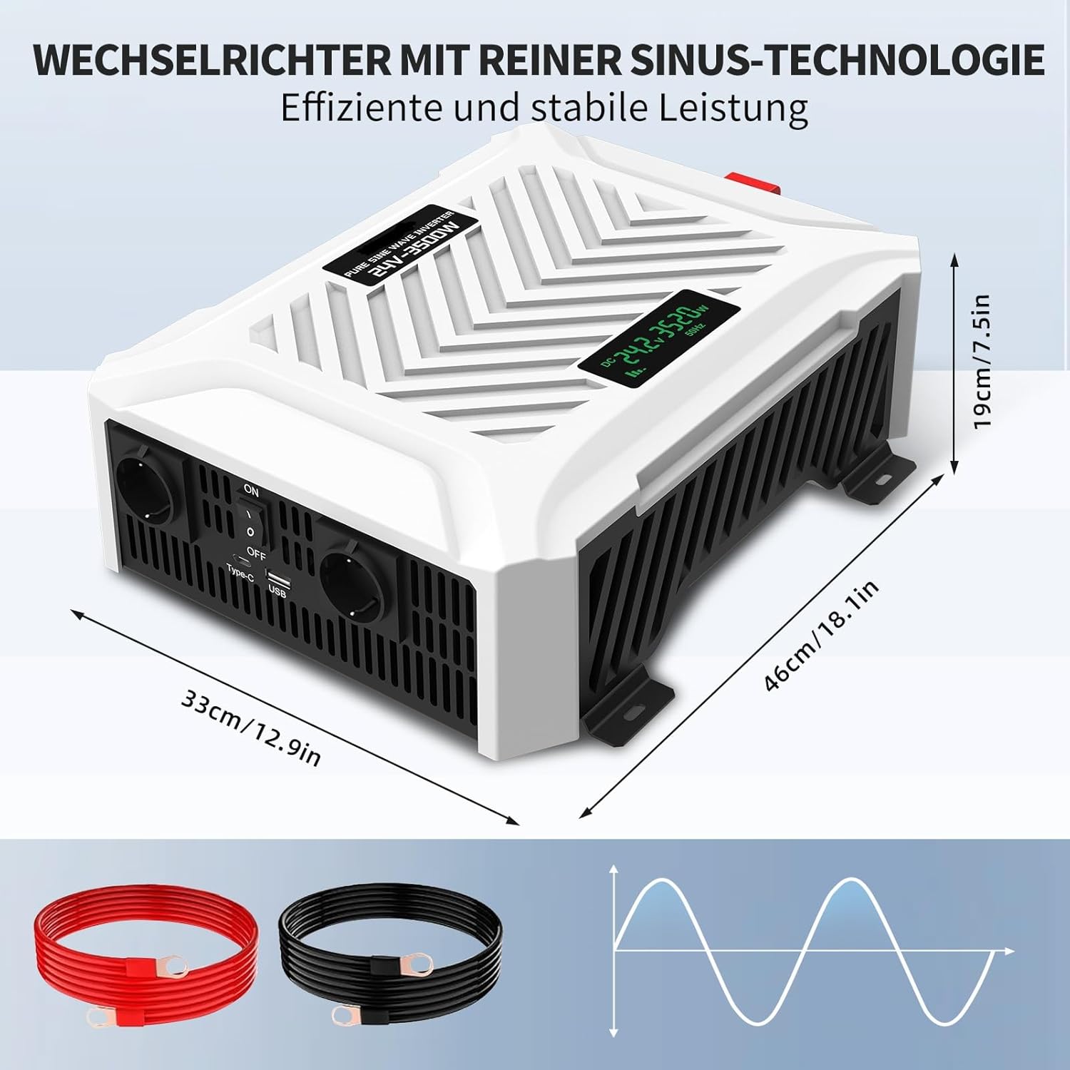 Dimensions of the DATOUBOSS 24V 3500W Pure Sine Wave Inverter.