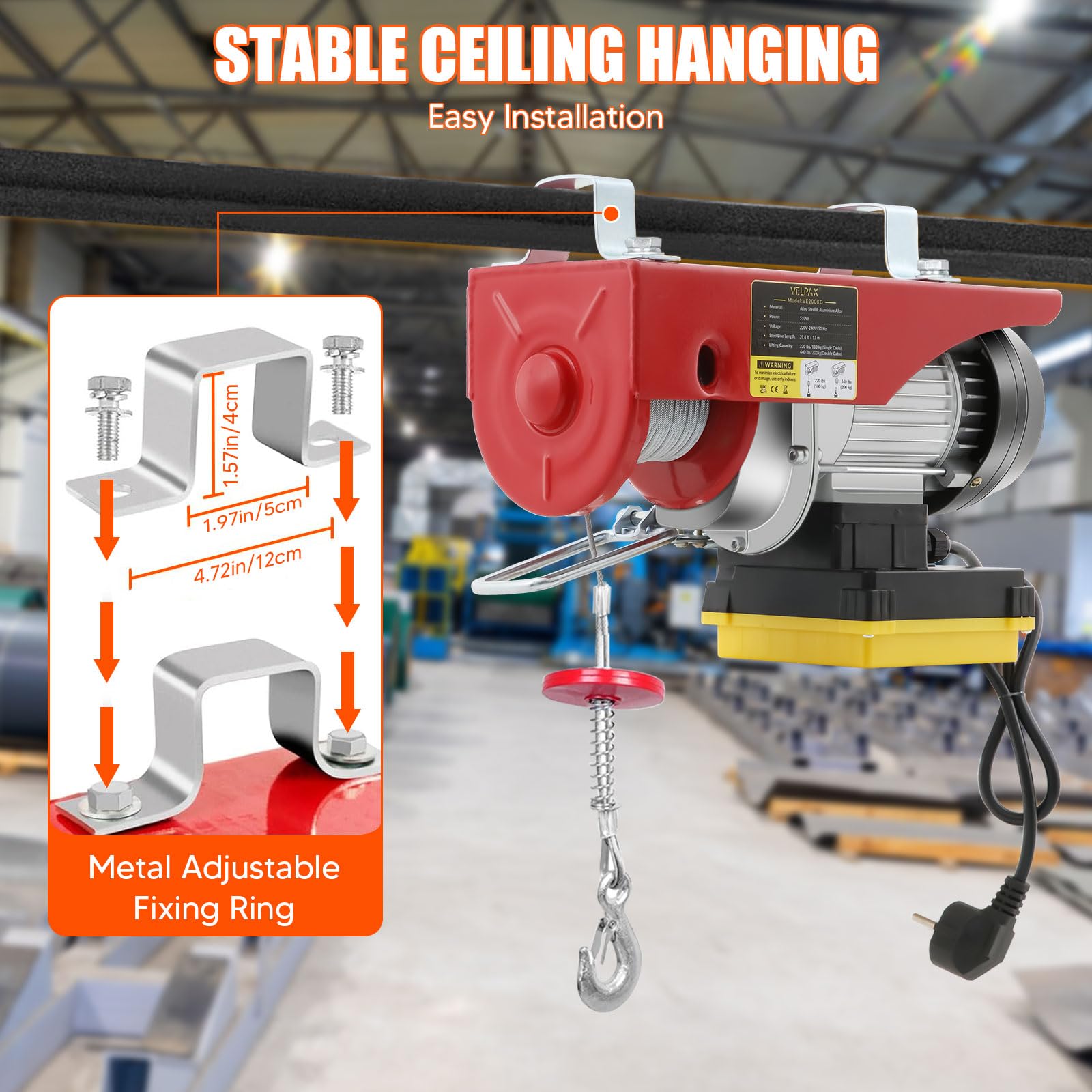 Paranco Elettrico, Capacità di Sollevamento 200 kg, Altezza di Sollevamento Elettrica 12 m, Argano Elettrico 510W, Velocità di Sollevamento 11m/min, Vericello con Radiocomando, con Puleggia e Cavo