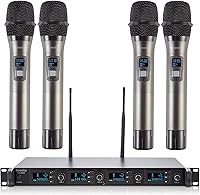 Vista 8 de Sistema de micrófono inalámbrico de 4 canales UHF, 2 micrófonos de mano inalámbricos y 2 micrófonos de diadema Lavalier para karaoke, iglesia